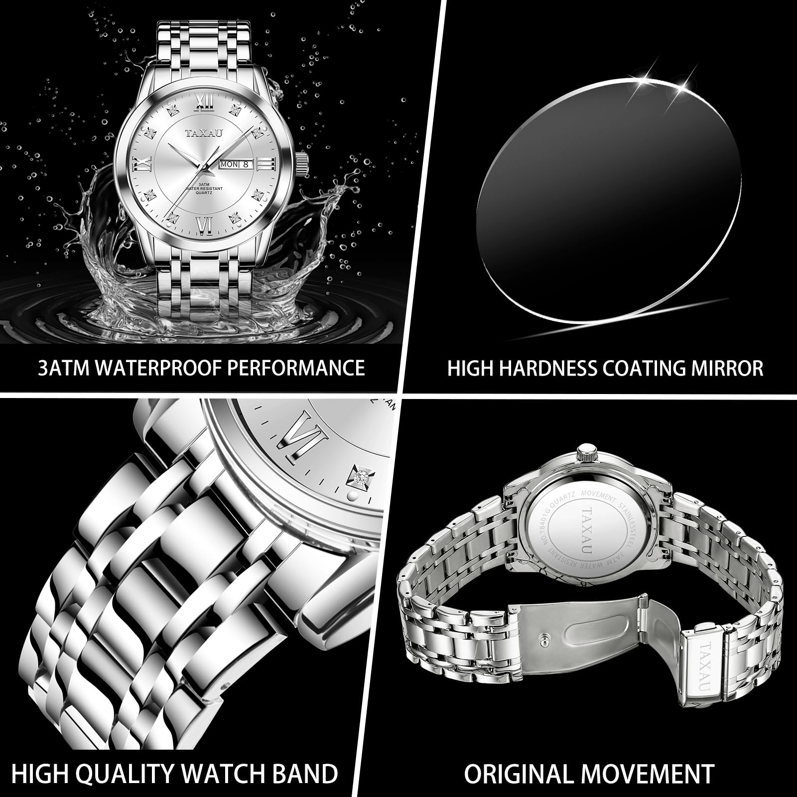 **Luxury Men's Stainless Steel Watch with Diamond Accents - Water Resistant, Big Face, Date Display - Quartz Business Watch for Men (Silver/Black/Grey) - Perfect for Office, Formal Events & Gifts**
