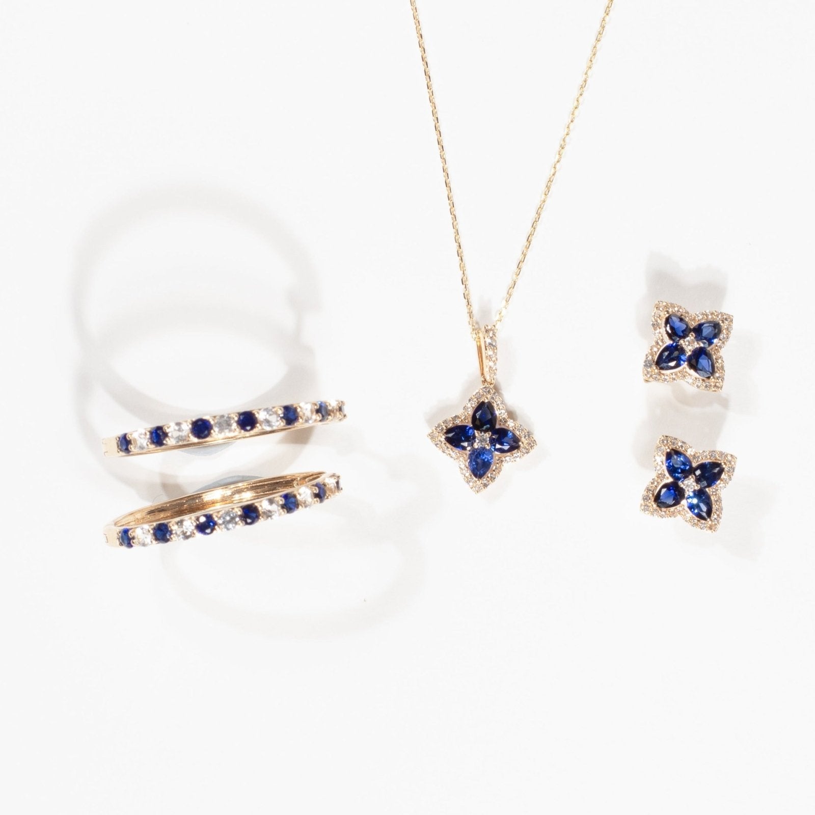 10k Yellow Gold Blue Sapphire Clover Stud Earrings with White Sapphire Halo - Elegant Irish Jewelry for Women, Perfect for St. Patrick's Day Gifts, Anniversary & Birthday Presents