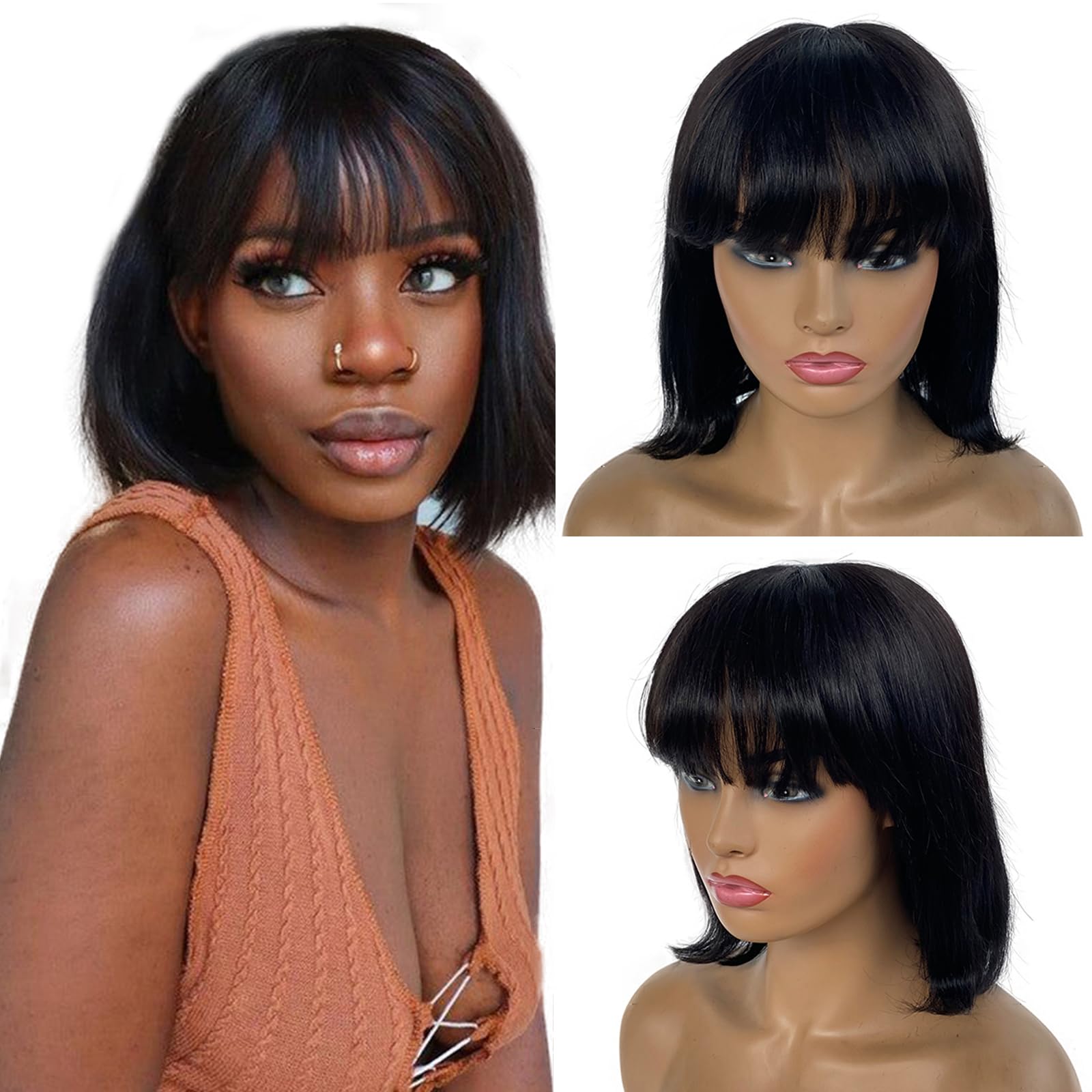 Yaki Straight Short Bob Wig with Bangs for Black Women - 100% Human Virgin Hair, 2x1 Lace Scalp, 14