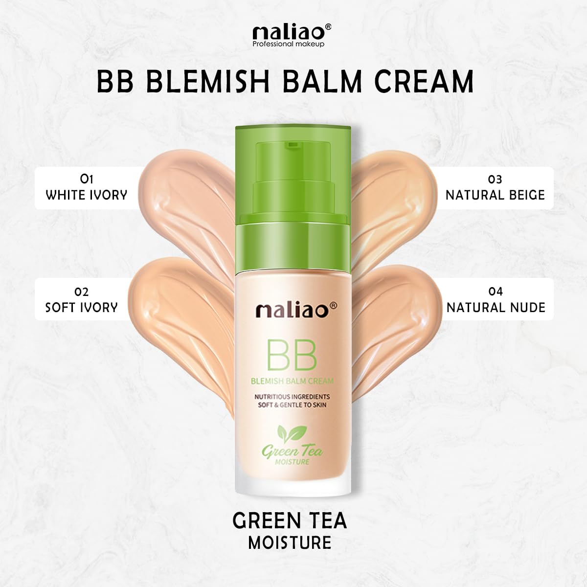 Maliao BB Blemish Balm Cream with Green Tea - Moisturizing, Softening & Gentle Skin Care for Daily Makeup Base (WHITE IVORY) | Perfect for Oily Skin & Natural Coverage