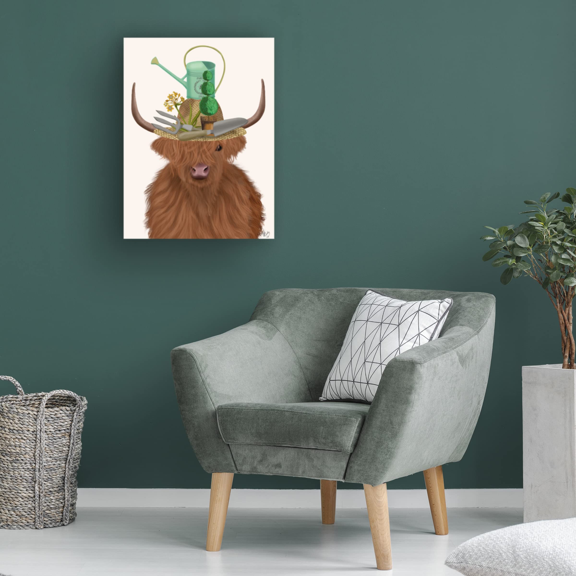 Trademark Fine Art 'Highland Cow and Gardener's Hat' Canvas Wall Art by Fab Funky - Perfect for Living Room, Bedroom & Office Decor