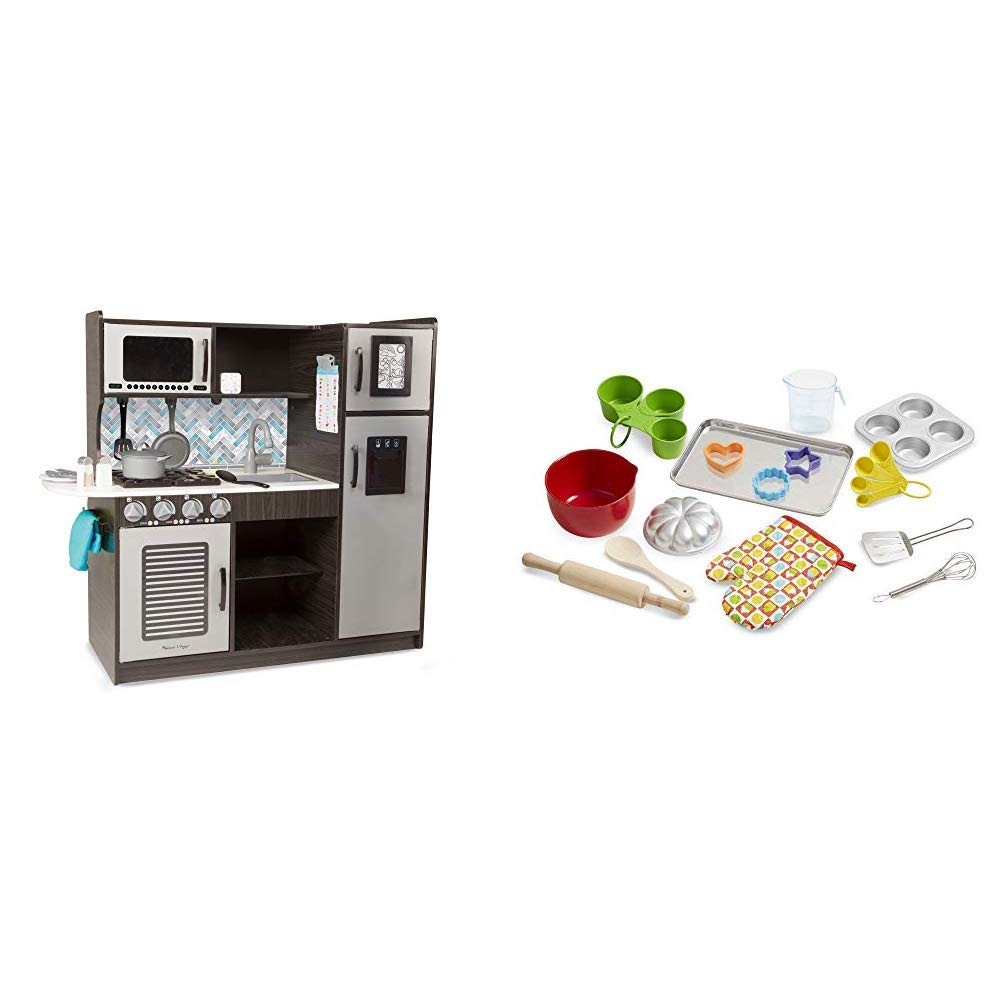 Melissa & Doug Wooden Chef’s Kitchen Playset with Ice Cube Dispenser & 20-Piece Baking Play Set – Charcoal (4010 & 9356) – Pretend Play for Kids Ages 3+ – Perfect for Imaginative Cooking & Role-Playing Fun