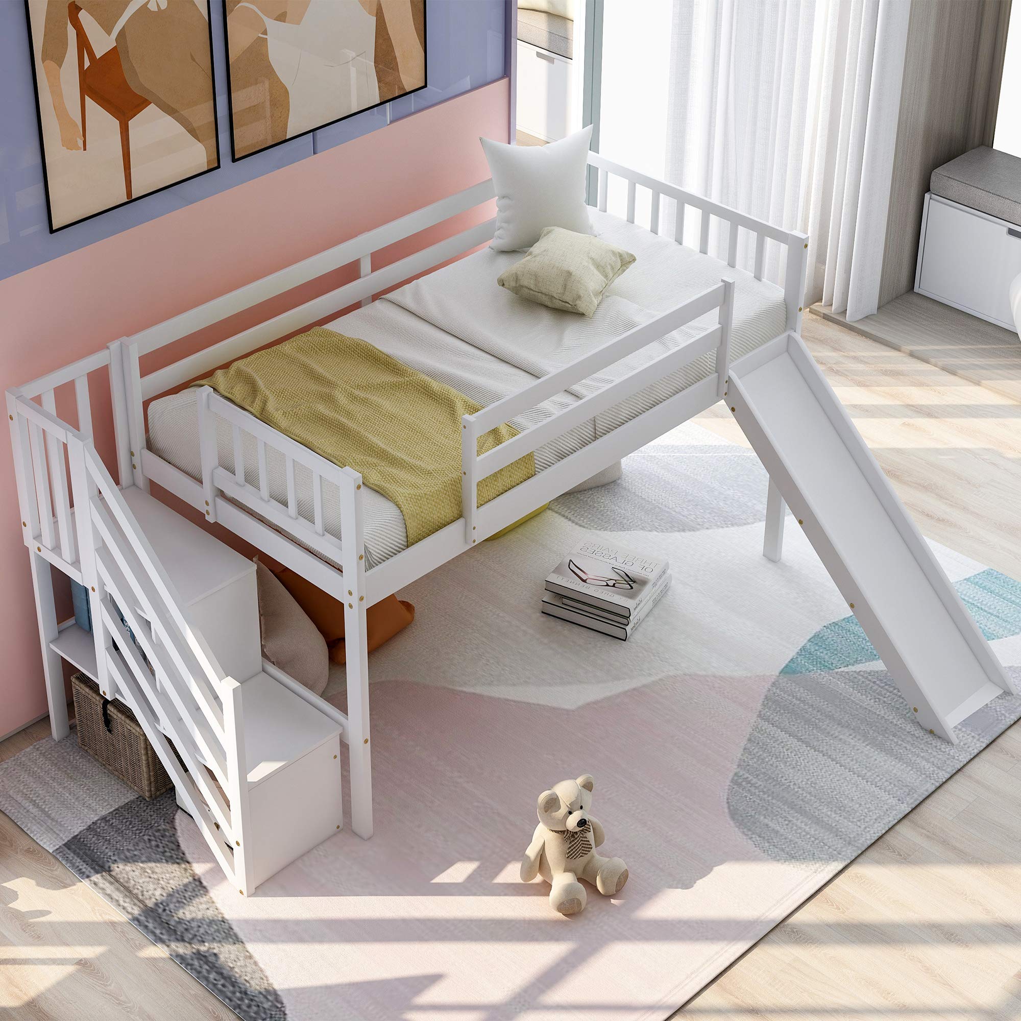 **Twin Size Low Loft Bed with Adjustable Slide & 2-Step Staircase - Wooden Kids Loft Bed for Girls & Boys, No Box Spring Needed (White + Pine) - Perfect for Small Bedrooms, Playrooms & Dorm Rooms**