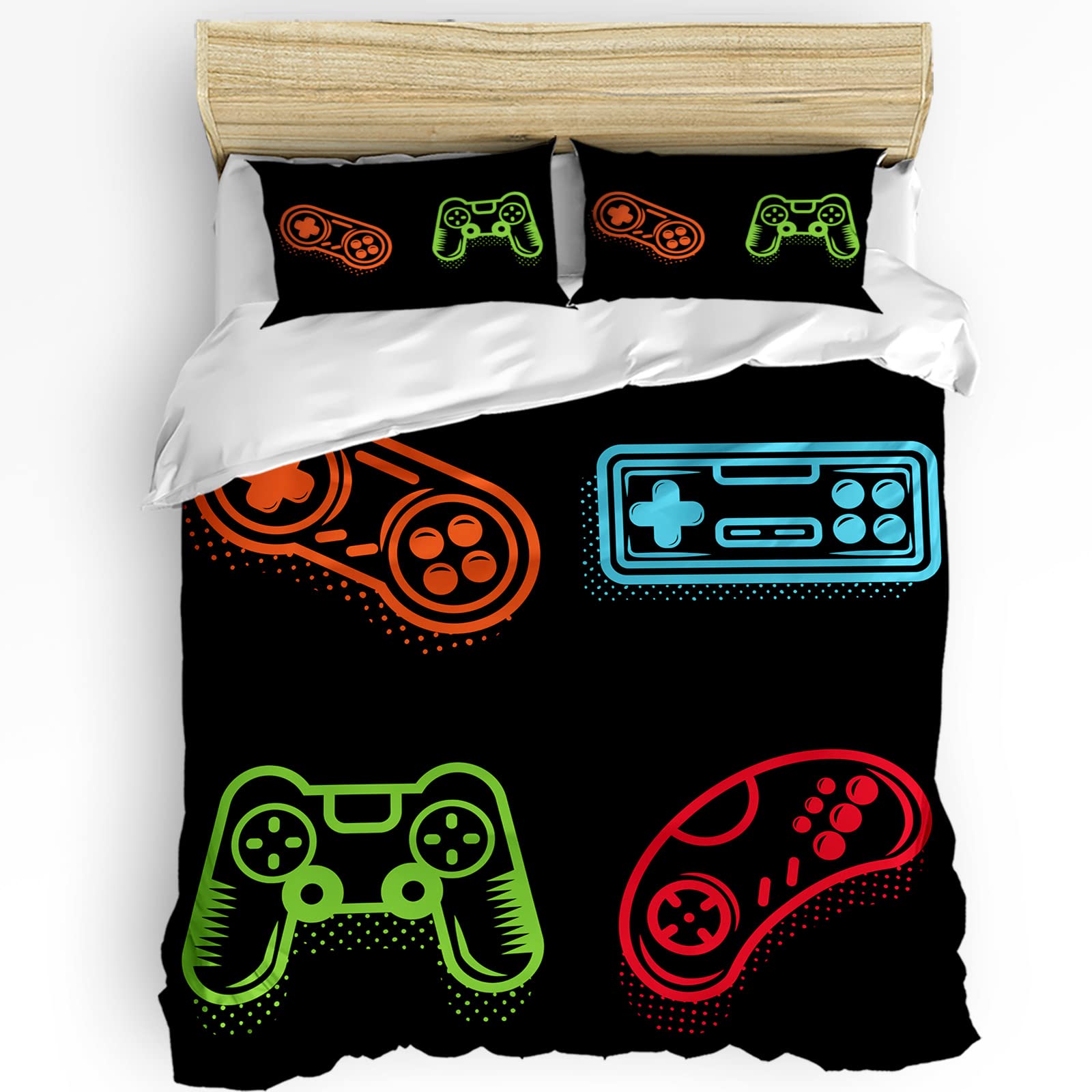 3-Piece Twin Duvet Cover Set with Zipper - Cartoon Game Controller Print Soft Microfiber Bedding for Kids (Orange, Blue, Green, Red) | Perfect for Boys, Girls & Nursery Decor | Cozy Gaming-Themed Bedroom Upgrade