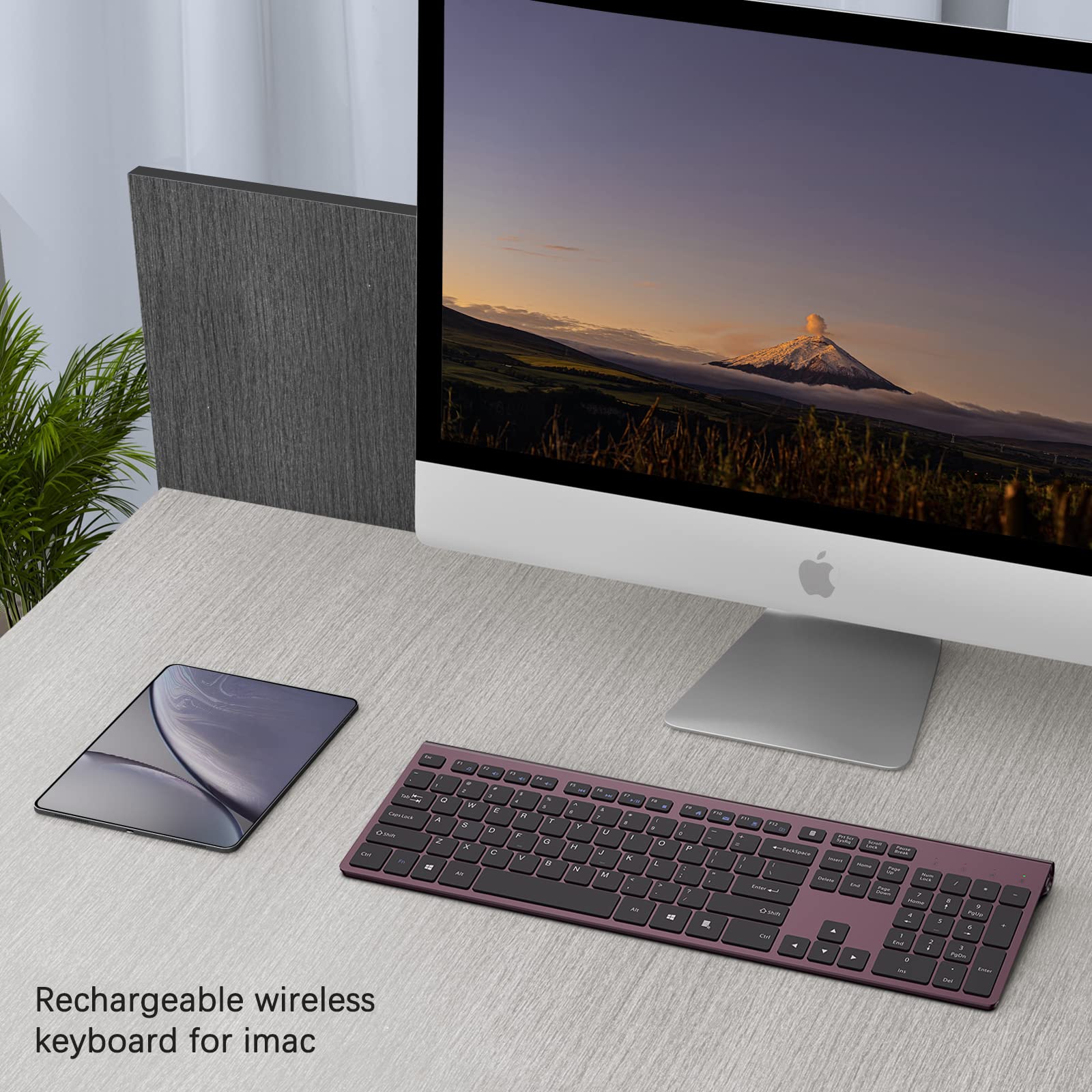 Rechargeable Wireless Keyboard - Silent Full Size with Numeric Pad for PC/Laptop/TV (Wine Red) - Home & Office Use