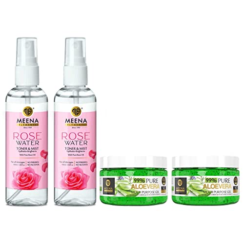 MEENA ELEMENTS Pure & Natural Rose Water (Gulab Jal) 100ml x 2 + Aloe Vera Gel with Vitamin E 140gm x 2 - Paraben Free Skin Toner & Hair Gel Set | Steam Distilled for Hydration & Soothing | Perfect for Daily Skincare, Face Mist & Hair Treatment