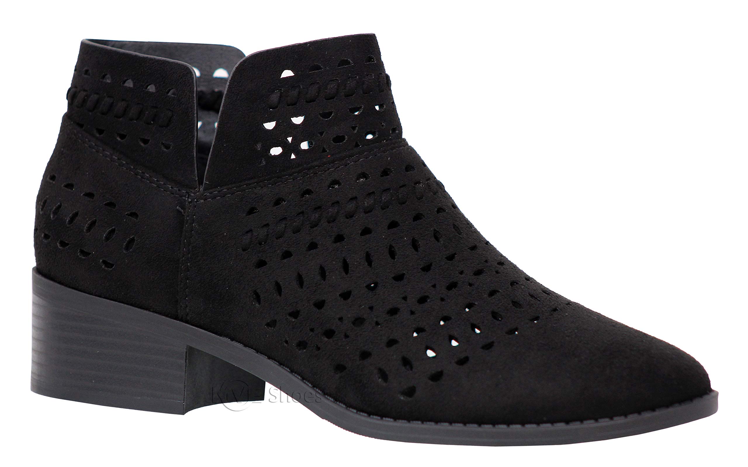Women's Ankle Booties - MVE Soda Perforated Cut Out Stacked Block Heel Comfortable Boots for All Seasons | Casual & Office Wear | Fall Winter Spring Outfits