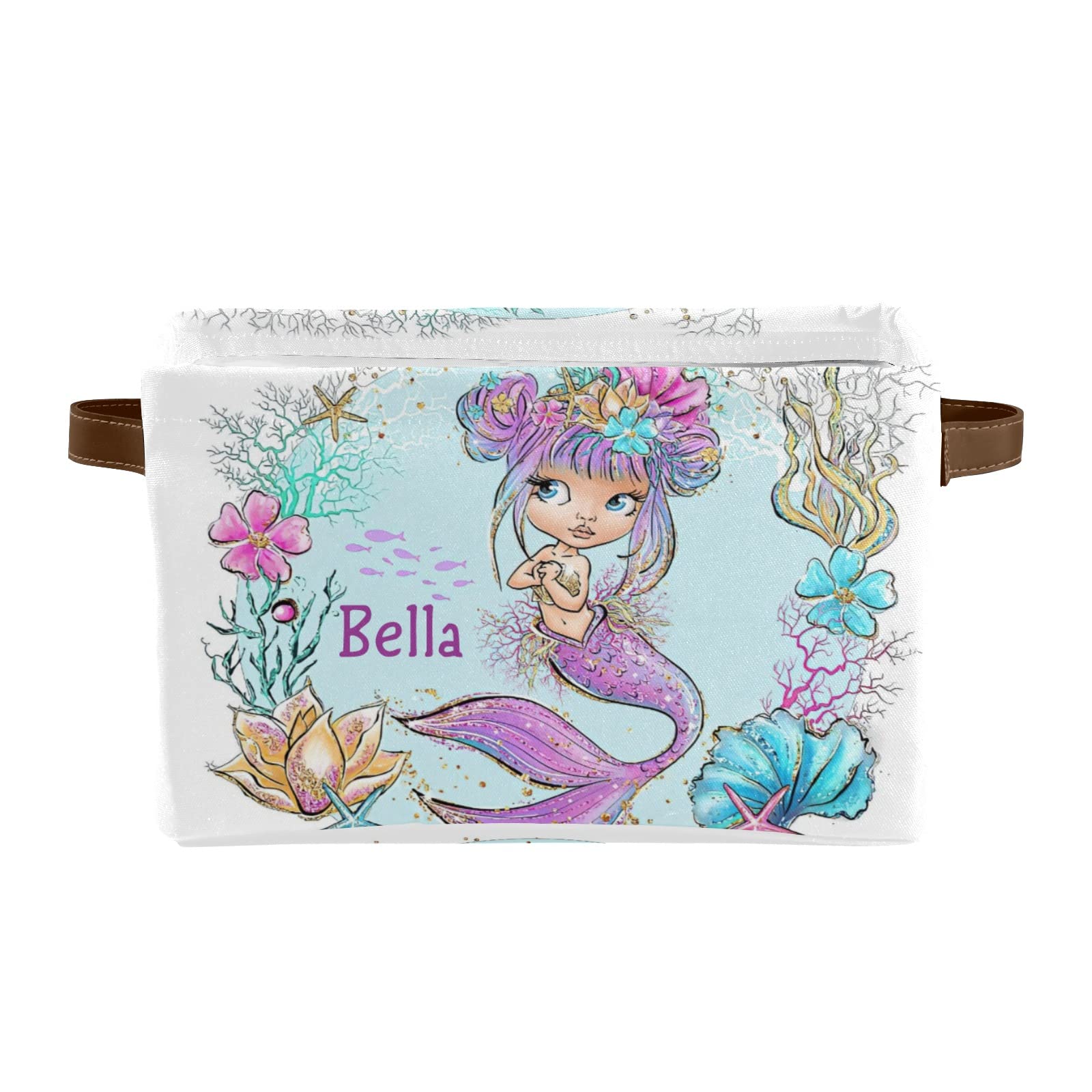 Personalized Mermaid Canvas Storage Bins with Leather Handles - Custom Name Text for Nursery, Bathroom & Closet Organization (2 Pack) - Perfect for Kids' Room Decor, Toy Storage & Home Organization