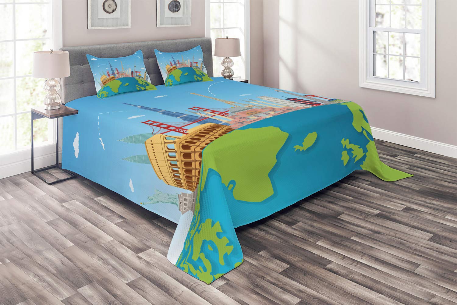 Ambesonne Travel Themed King Size 3-Piece Quilted Bedspread Set with 2 Pillow Shams - Famous World Landmarks Design in Deep Sky Blue Multicolor - Perfect for Guest Rooms, Vacation Homes & Travel-Inspired Bedroom Decor