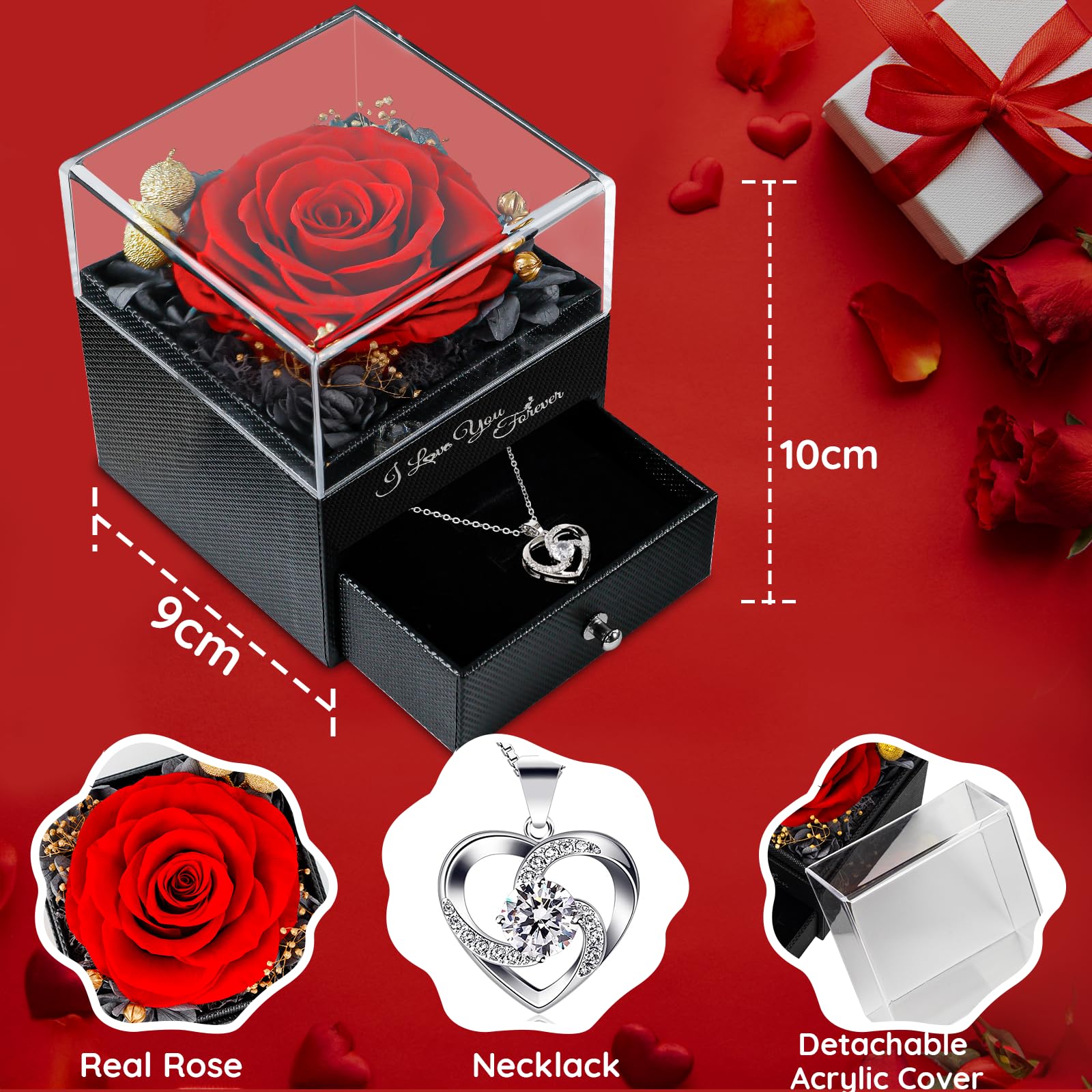 Preserved Real Red Rose Necklace Gift Set - Eternal Roses Forever Flowers for Women, Mom, Wife, Grandma | Perfect for Birthday, Anniversary, Mother's Day & Special Occasions | Romantic Keepsake Jewelry for Girlfriend, Valentine's Day & Wedding Gifts