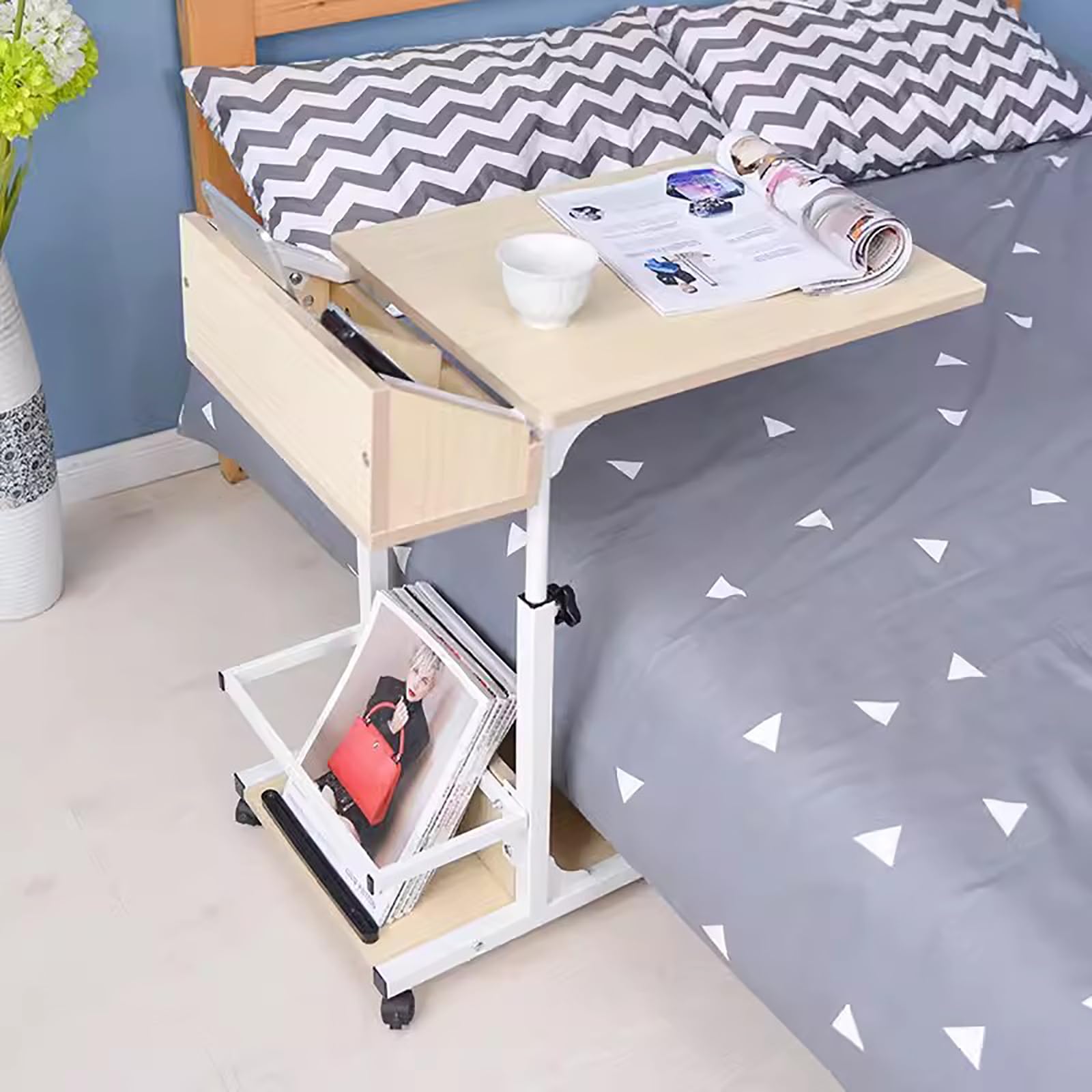 Adjustable Height Overbed Table with Wheels - Mobile Rolling Standing Desk & Portable Laptop Computer Table - Wooden Side Table for Home Office, Sofa, Bed (60x40x55cm/24x16x22inch) - Perfect for Working, Eating, Reading in Bed or Living Room