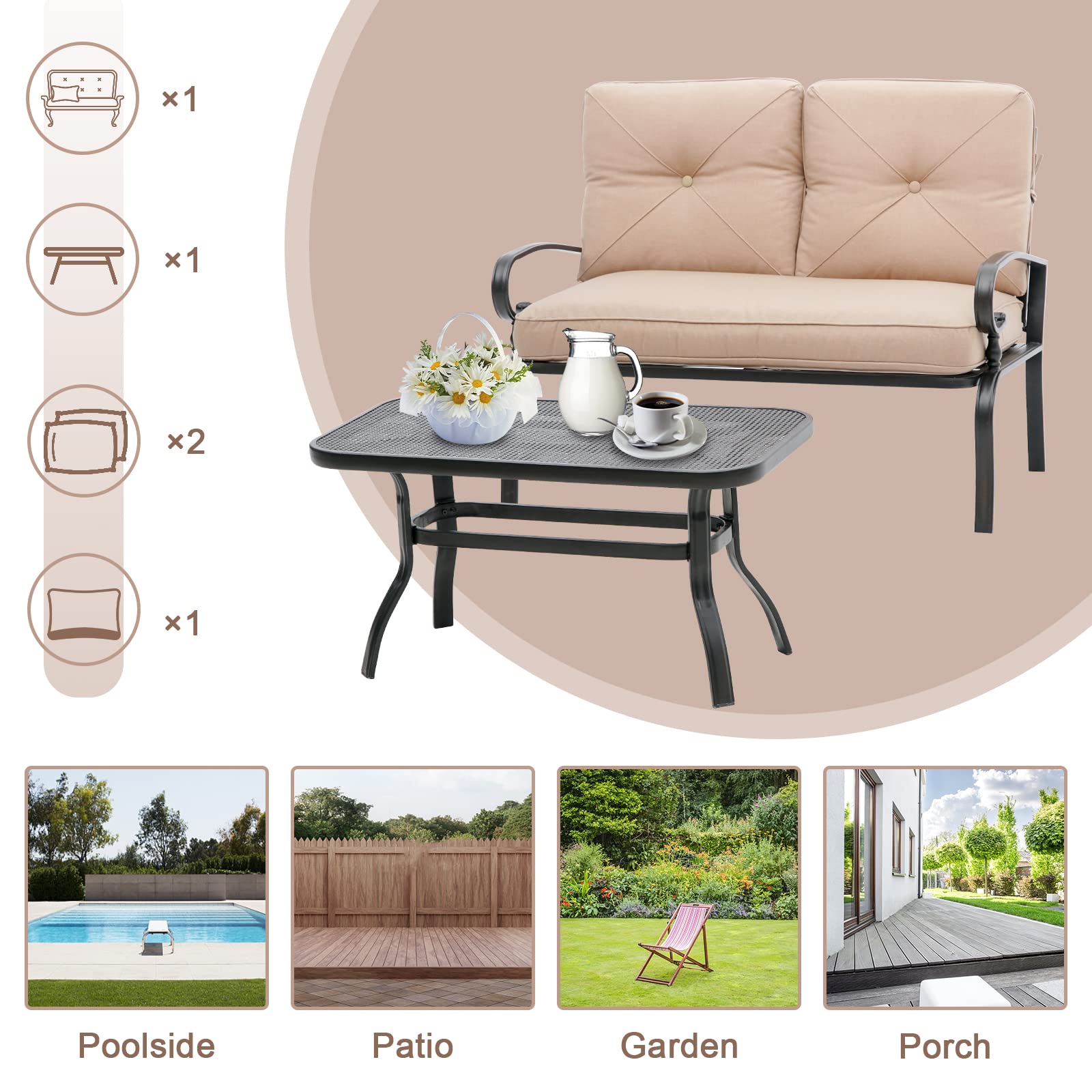 Incbruce 5-Piece Wrought Iron Patio Furniture Set - Outdoor Metal Conversation Set with Loveseat, Coffee Table, Bistro Table & 2 Spring Chairs (Brown Cushions Included) - Perfect for Garden, Backyard, Poolside or Terrace Relaxation