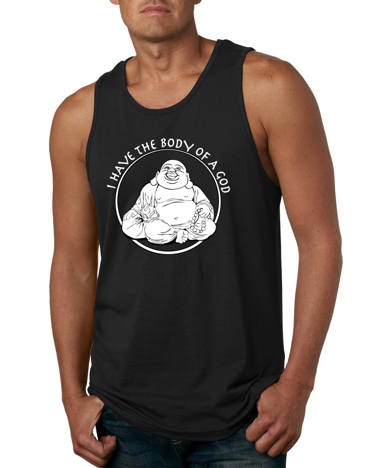 Funny Buddha Zen Pop Culture Graphic Tank Top for Men - I Have The Body of a God - Perfect for Yoga, Meditation & Casual Wear