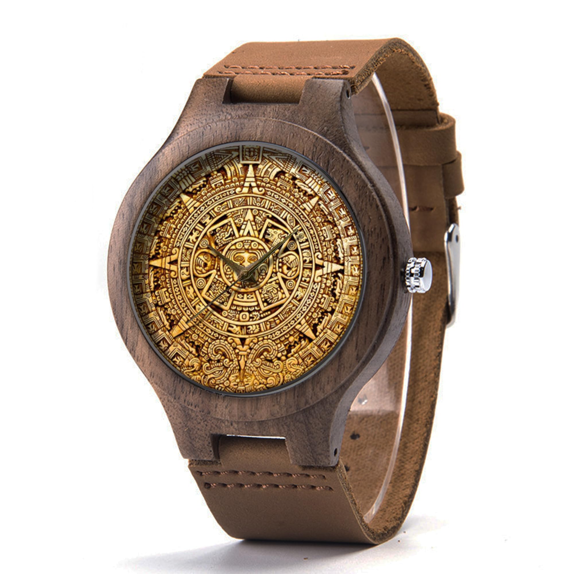 Mayan Aztec Leather Wood Watch - Ancient Art for Men, Jewelry Gift