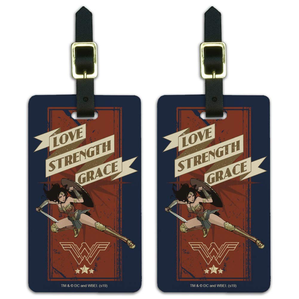 Wonder Woman Movie Inspired Luggage ID Tags - Set of 2 with Love, Strength & Grace Design - Perfect for Travel Bags, Suitcases & Backpacks