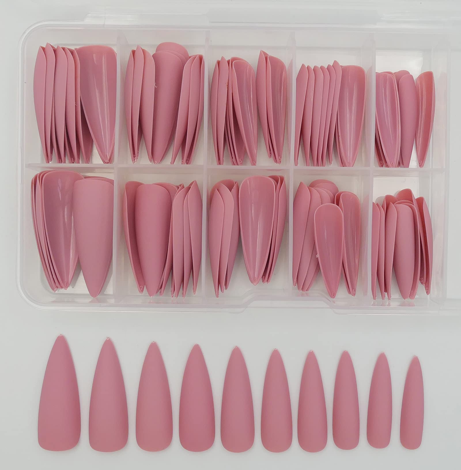 LoveOurHome 100pc Long Stiletto Press-On Nails - Matte Fake Nails, Pointy Acrylic Nail Tips for Women & Girls | Full Cover Artificial Fingernails in Pink | Perfect for Parties, Weddings & Special Occasions