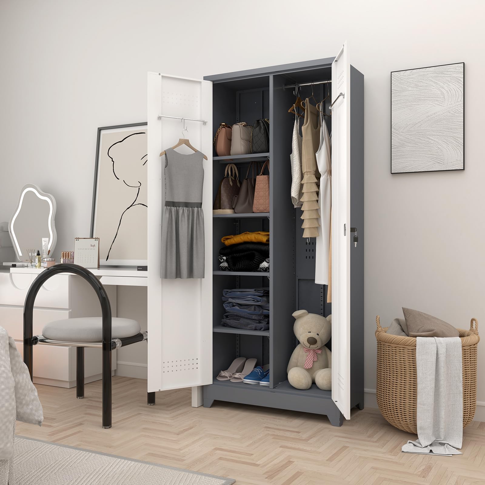 Metal Broom Storage Cabinet - Heavy Duty Cleaning Tool Organizer for Garage, Office & Home - Wall Mounted Cleaning Supplies Closet with Adjustable Shelves (Perfect for Mops, Brooms, Vacuum Accessories)