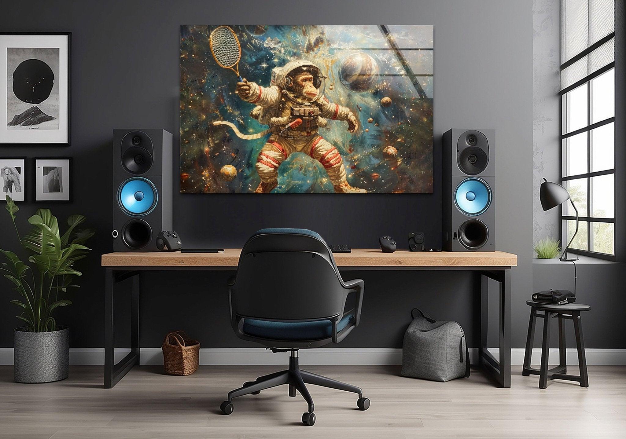 Astronaut Monkey Glass Wall Art - Unique Space Themed Home Decor for Living Room, Bedroom & Office - Perfect Gift for Sci-Fi & Space Lovers