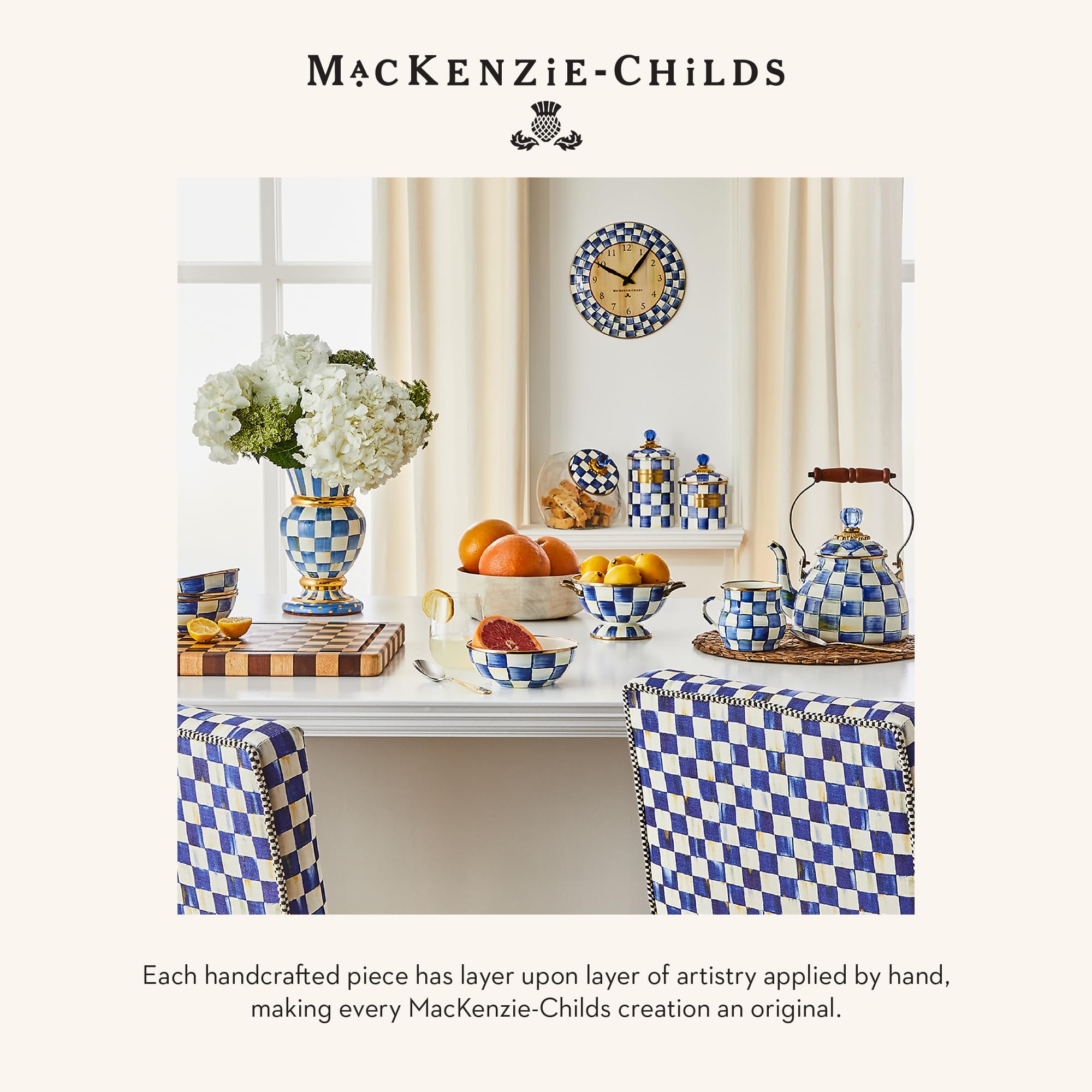 MACKENZIE-CHILDS Blue and White Royal Check Wall Clock - Elegant Decorative Clock for Kitchen, Living Room, Bedroom & Office Decor | Perfect Gift for Housewarming, Birthday & Home Interior Design