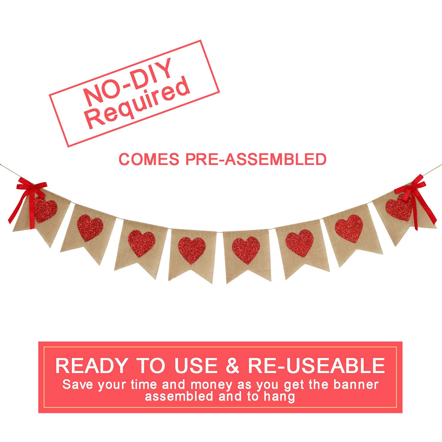 Red Glitter Heart Burlap Garland - Valentine's Day Rustic Decor for Weddings, Anniversaries & Birthday Parties | Romantic Home and Party Decoration Supplies