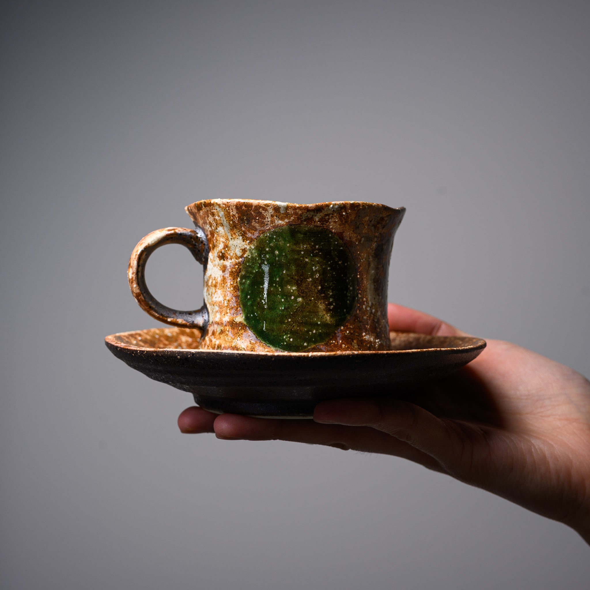 Handmade Mino Ware Ceramic Cup and Saucer Set - Traditional Japanese Oribe Moon Design - Perfect for Tea Ceremonies, Coffee Breaks & Home Decor