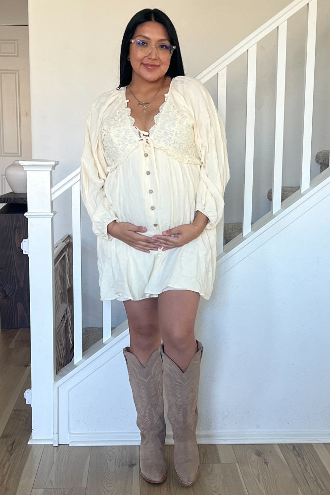 Beige Crochet Lace Button Front Maternity Dress for Pregnancy Photos, Baby Shower & Special Occasions - Comfortable Nursing Dress for Expecting Mothers