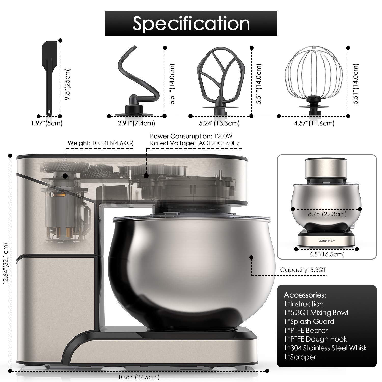 5.3-QT Stand Mixer with LCD Display - 6+ Speed Tilt-Head Electric Kitchen Mixer, Stainless Steel Bowl & Attachments (Dough Hook, Beater, Whisk) - Perfect for Baking Cakes, Cookies, Bread & Pastries