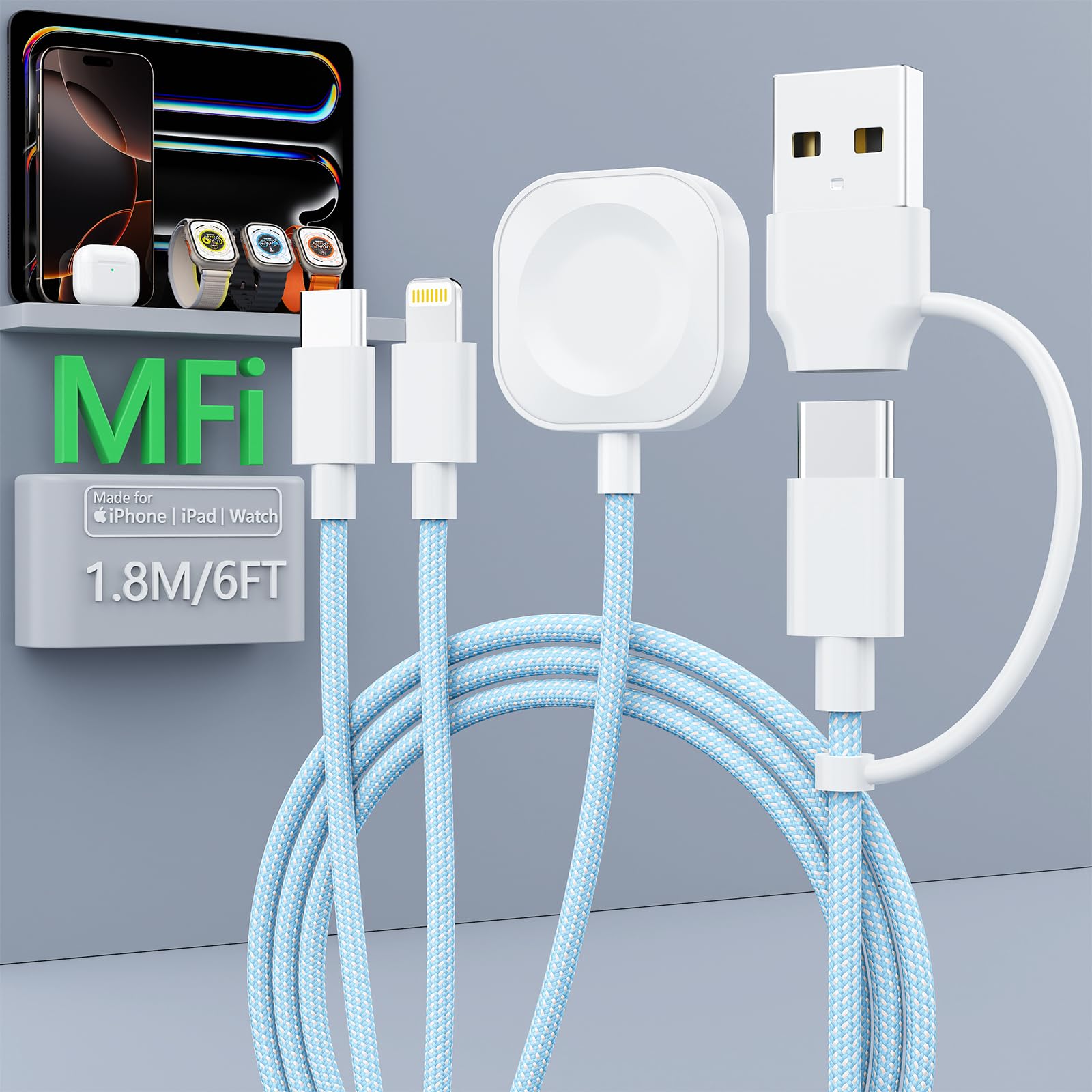 3-in-2 Magnetic Fast Charging Cable for Apple Watch & iPhone - Wireless Multi Charger for iPhone, Android, iWatch Ultra, iPad & AirPods (6FT/1.8M) - Perfect Travel Essential for All Devices