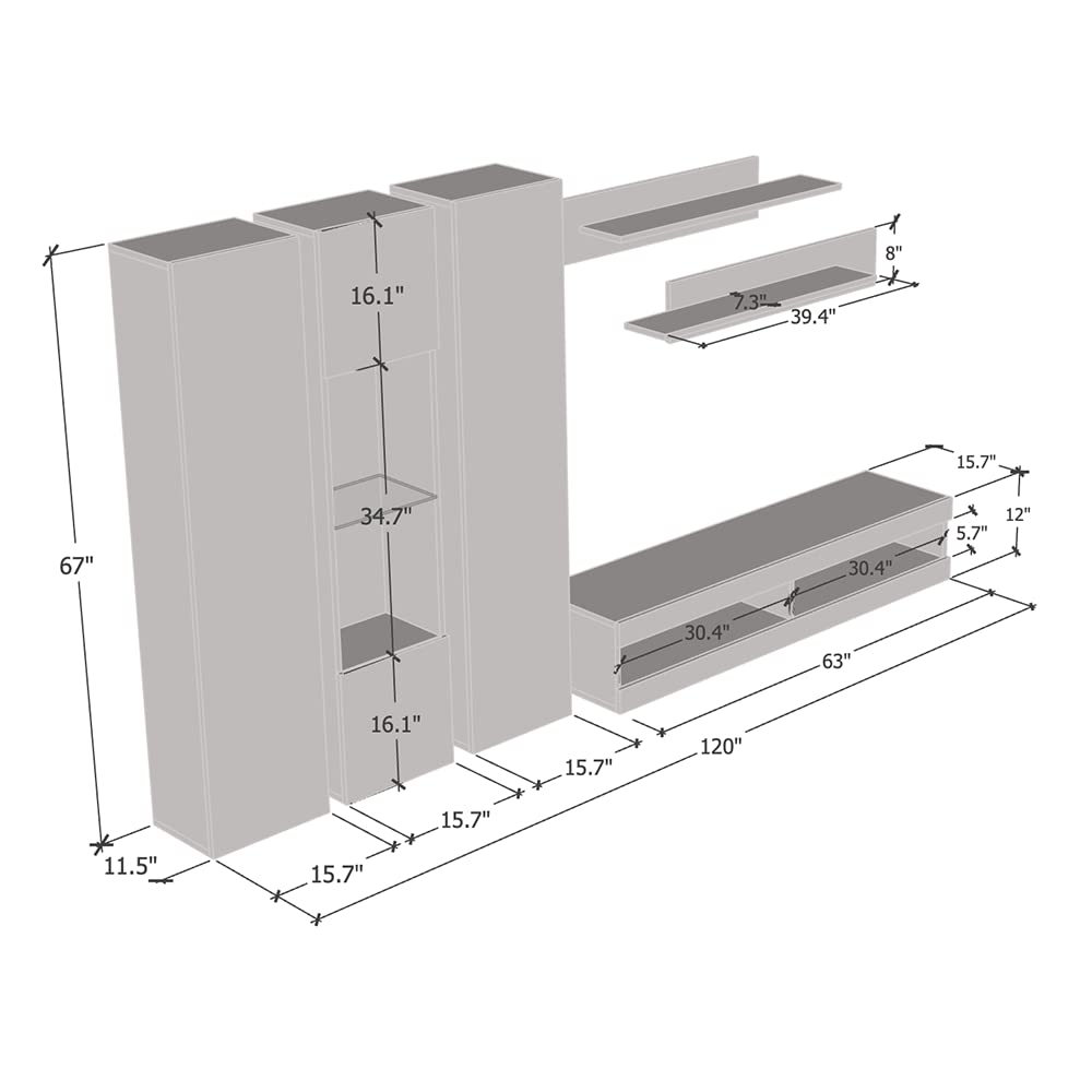 Modern Gray Wall-Mounted TV Stand with Storage Shelves & LED Lights - 34