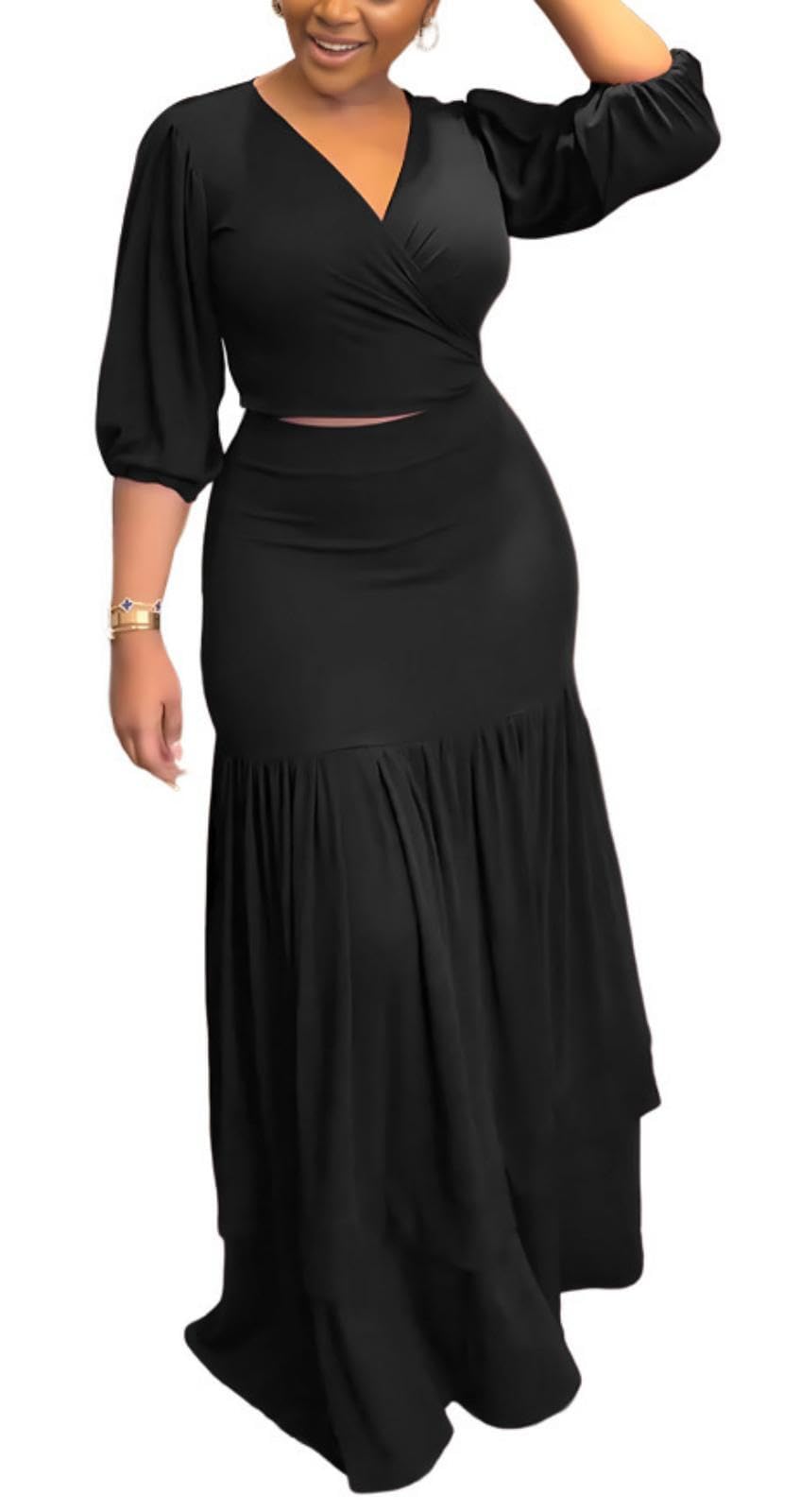 Women's 2-Piece Summer Outfit - V-Neck Bandage Top & Flowy Maxi Skirt Set | Beachwear, Vacation Dresses, Casual Summer Fashion
