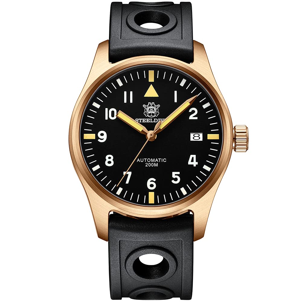 STEELDIVE Men's Automatic Pilot Watch - Bronze Diver 200M Water Resistant, Self-Winding Mechanical Wristwatch with C3 Luminous, Sapphire Crystal & Rubber Strap (NH35 Movement) - Perfect for Diving, Sports & Everyday Wear