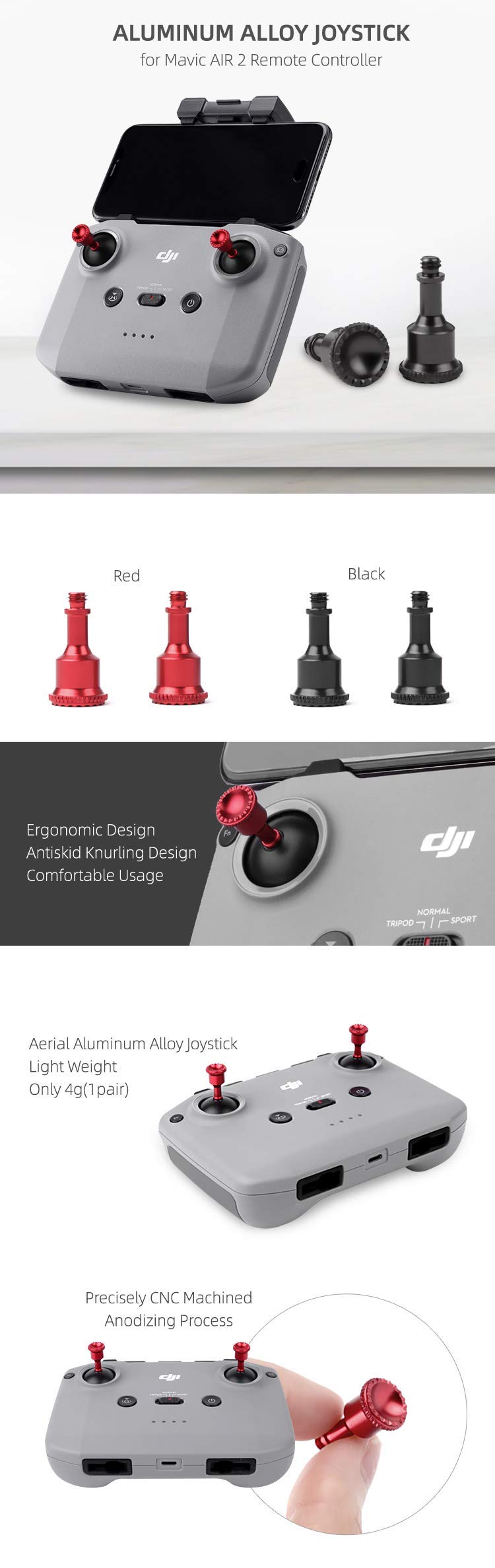 DJI Mavic 3 Air 2 / Mini 2 Thumb Rocker - CNC Aluminum Alloy Joystick for DJI Air 2S / Mavic 3 / Air 2 / Mini 2 Remote Controller (Red) - Perfect for Aerial Photography & Drone Control Accessories
