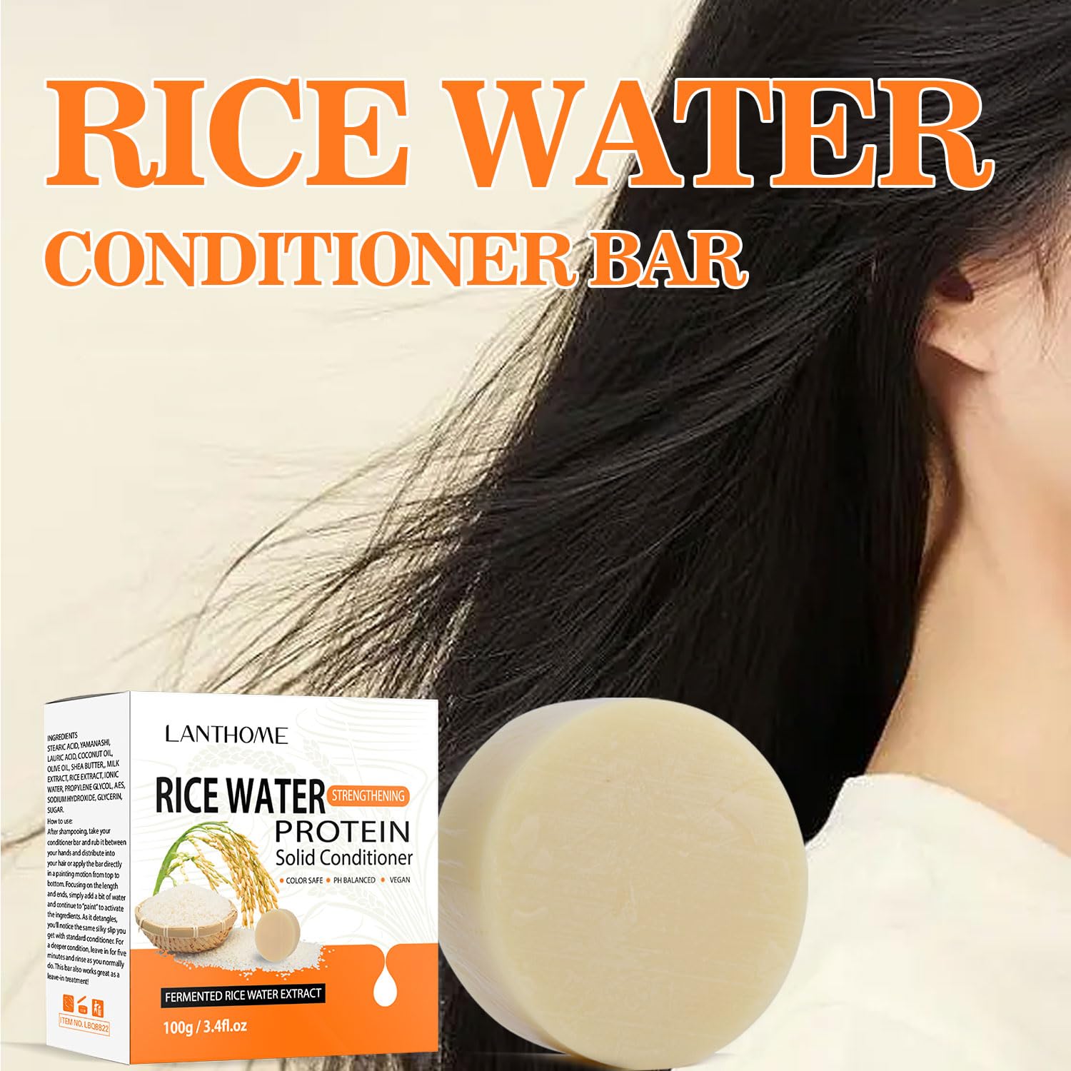 Vegan Fermented Rice Water Shampoo Bar & Protein Conditioner Set for Hair Growth - Sulfate Free, PH Balanced for Damaged & Thinning Hair - 2 Pack (6.8oz) - Perfect for Daily Hair Care & Travel Use