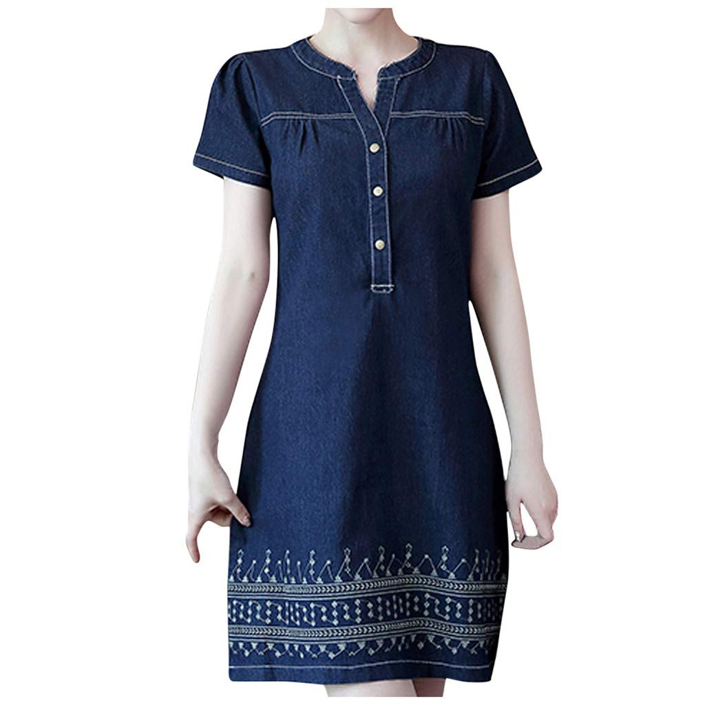 Vacger Women's Summer Denim Print Loose Fit V-Neck Short Sleeve Knee-Length Casual Dress - Perfect for Beach Outings, Weekend Brunch & Summer Vacation Wear