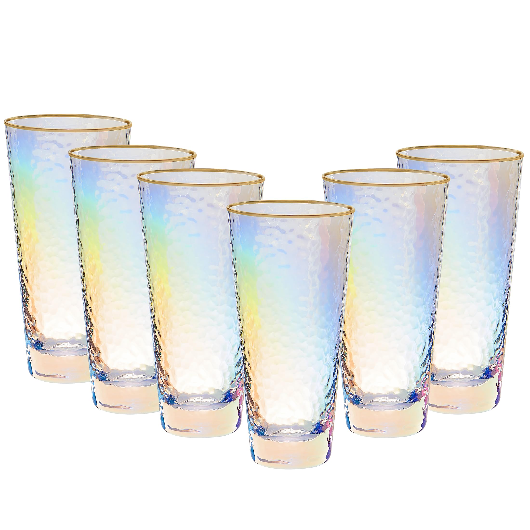 Premium Hammered Textured Gold Rim Water Glasses - Set of 6 Highball Drinking Glasses for Juice, Beer, Wine & Cocktails - Elegant Glassware for Dining, Entertaining & Home Bar Use