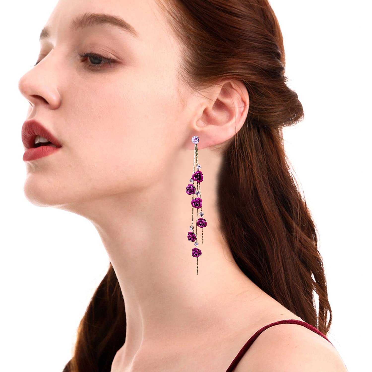 3D Rose Flower Crystal Long Tassel Drop Earrings for Women | CZ Rhinestone Rose Fashion Jewelry | Purple & Red Dangle Earrings | Perfect for Weddings, Parties & Gifts | Elegant Evening Wear & Special Occasion Accessories