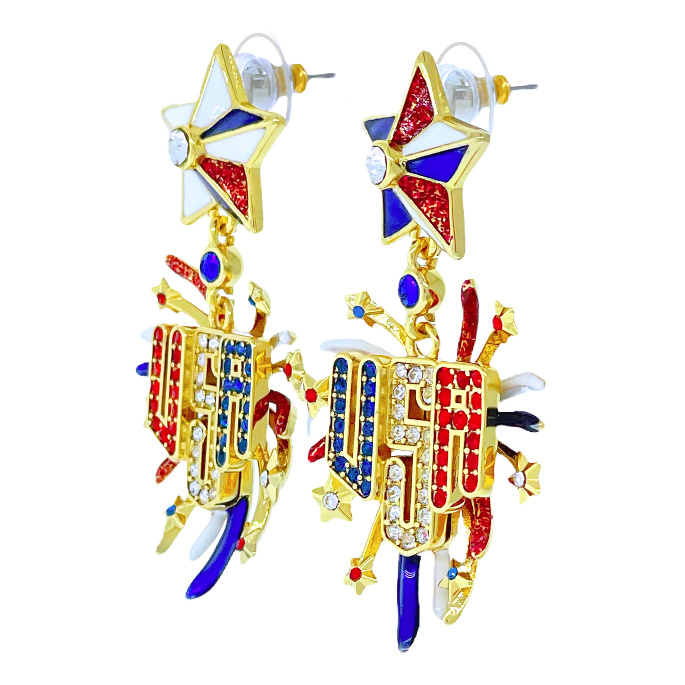 Stylish Patriotic Women's Earrings - 4th of July Independence Day Dangle Earrings with USA Flag Star & Fireworks Design - 18k Gold Plated Luxury Jewelry - Perfect for Parties, Celebrations & National Holidays