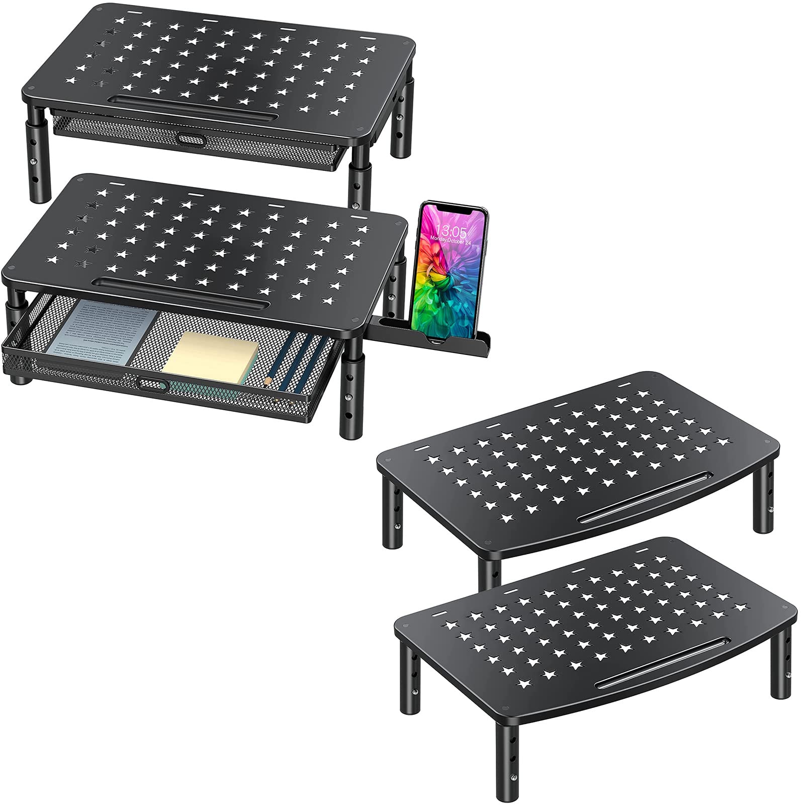 Zimilar Adjustable Monitor Stand Riser with Metal Mesh Drawer & Phone Holder - 3 Height Settings for Laptop, Computer & Home Office Setup - Ergonomic Desk Organizer for Workspace & Gaming Setup
