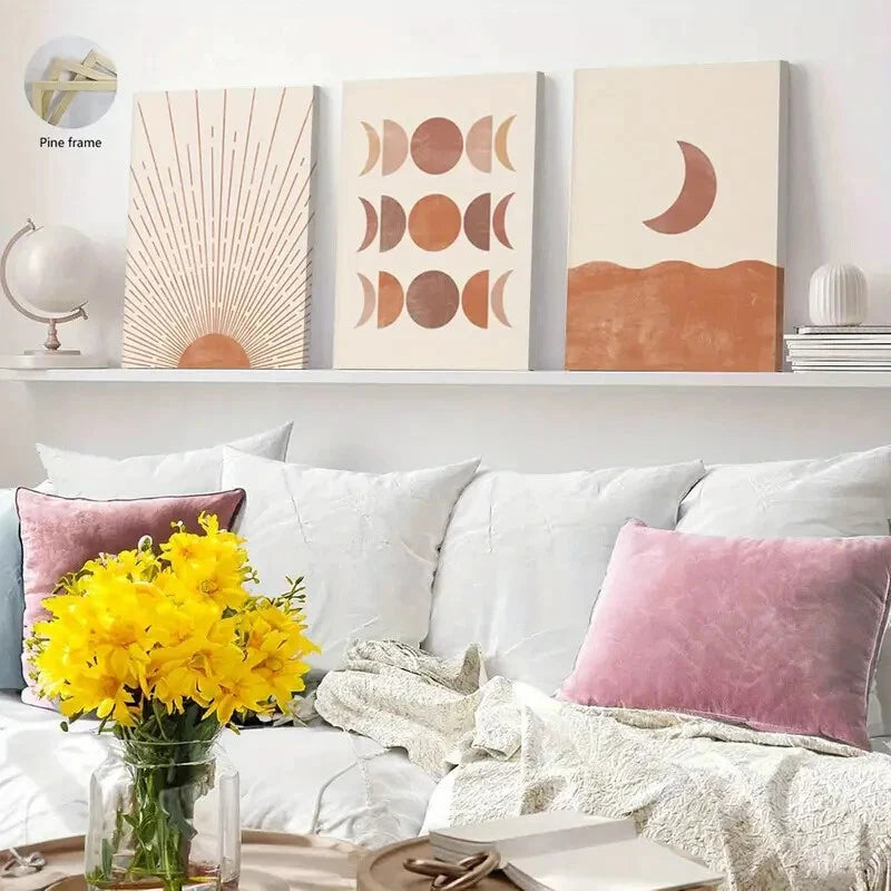 3-Piece Abstract Pink Sunset & Moon Phases Wall Art Set - 50x70cm Framed Canvas Prints | High Quality Australian Made Ready-to-Hang Decor for Living Room, Bedroom & Office