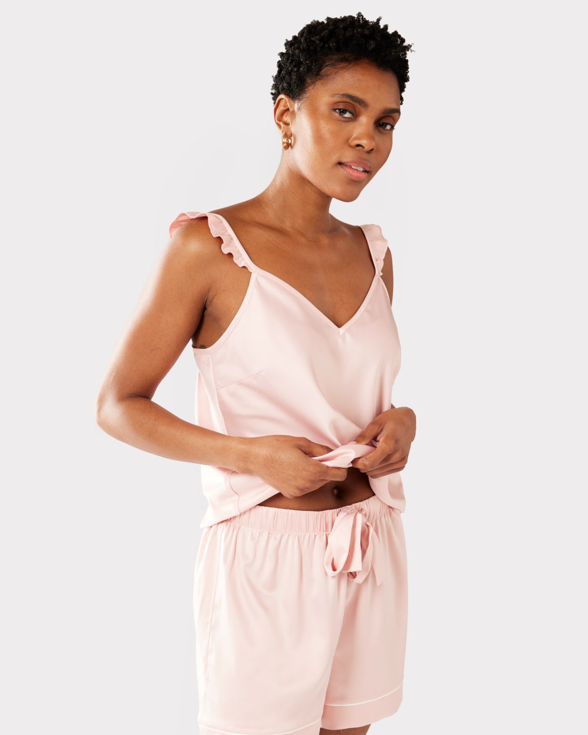 Luxury Satin Frill Trim Cami Short Pajama Set - Blush Pink Sleepwear for Women | Perfect for Lounging, Sleepovers & Bridal Shower Gifts