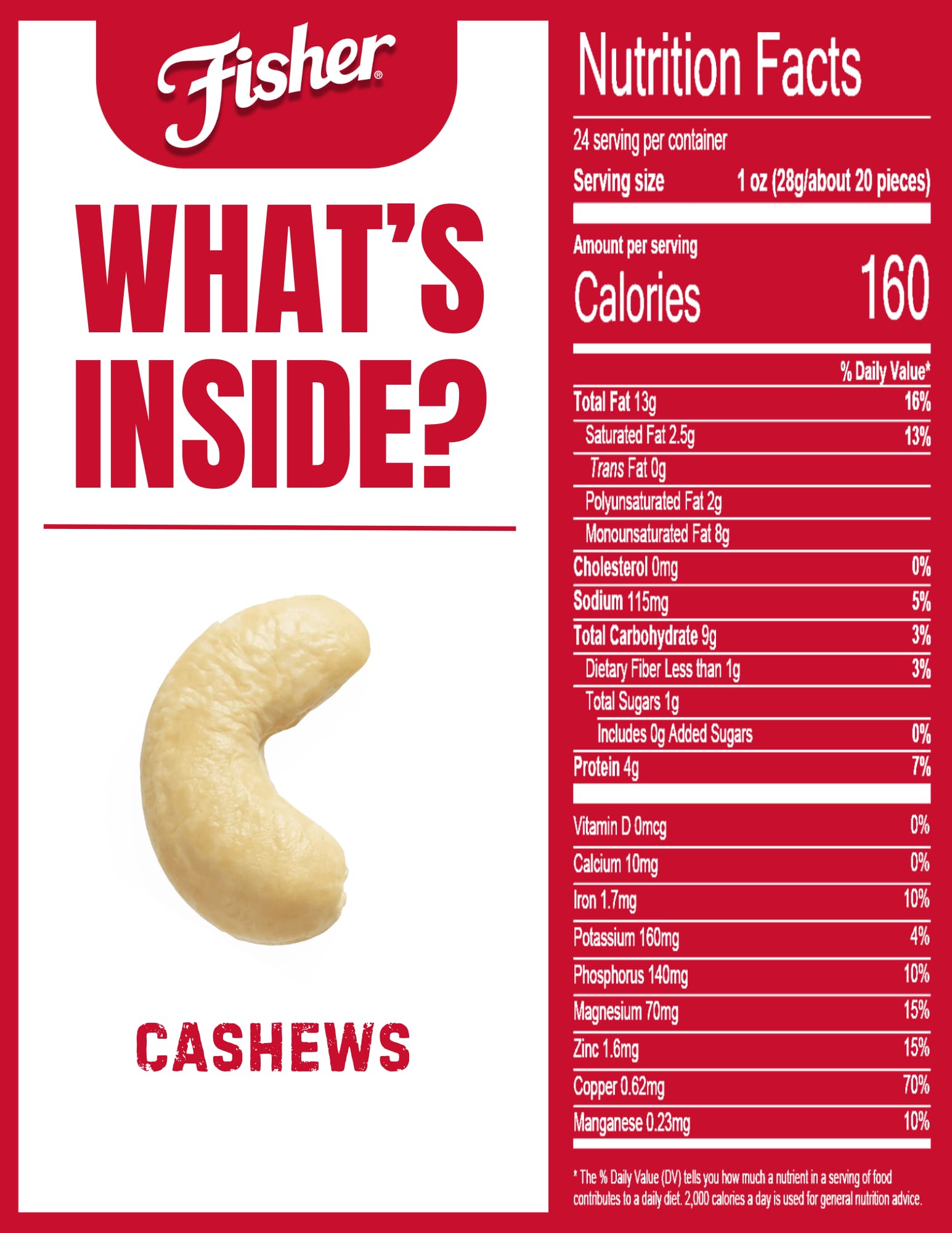 Fisher Oven Roasted Never Fried Whole Cashews, 24oz (Pack of 1) – Healthy Snacks for Adults with Sea Salt, No Added Oils, Gluten Free, Vegan Protein – Perfect for Office Snacks, Travel, Hiking & Gift Giving