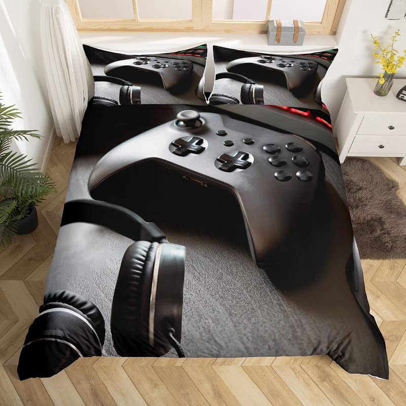 Boys Gaming Bedding Set - Game Controller Comforter Cover for Kids, Teens & Gamers - Modern Gamer Headset Duvet Cover with Pillowcase - Twin Size Black - Perfect for Gaming Rooms & Teen Bedrooms