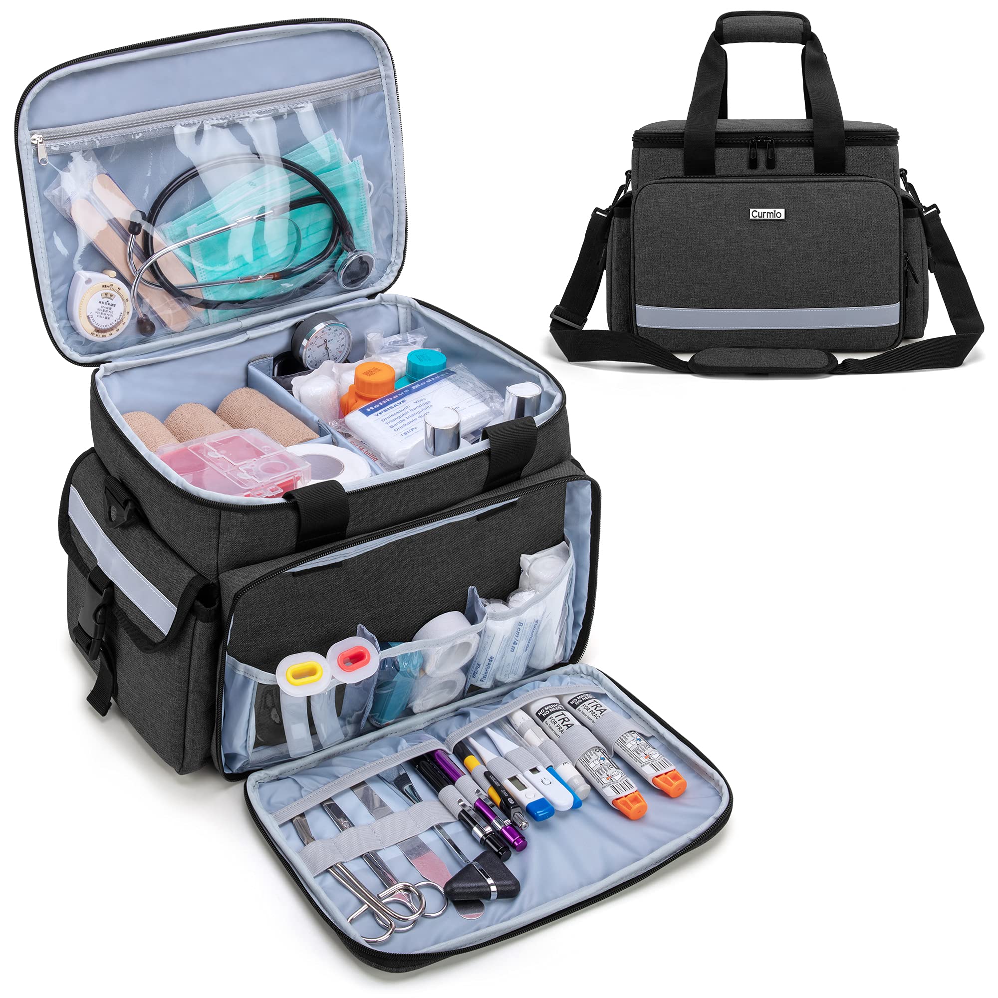 CURMIO Empty First Aid Bag with Dividers - Emergency Medical Supply Organizer for Home, Travel & Outdoor Adventures - Compact EMT Pouch for Nurses & First Responders (Black)