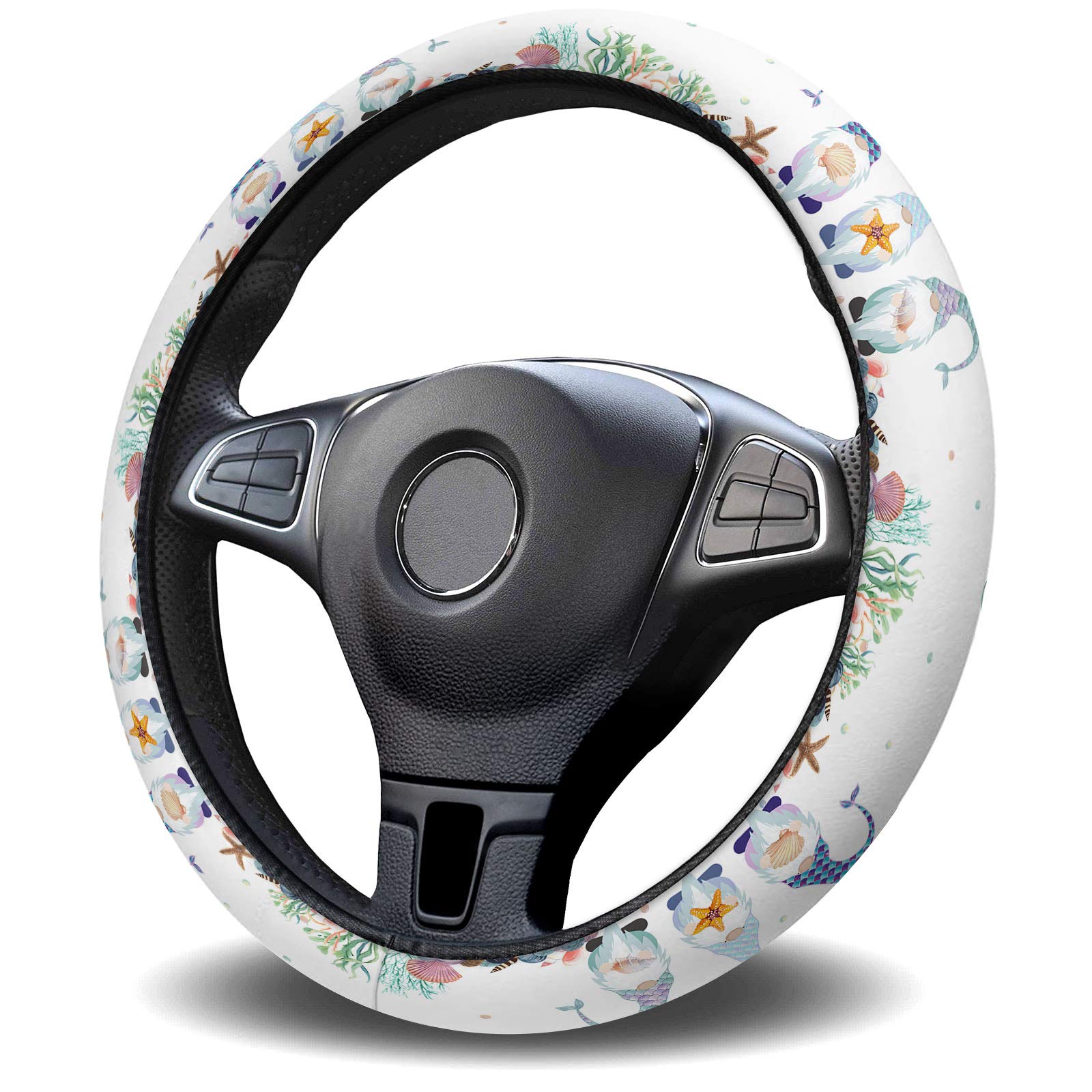 Premium Custom Universal Quick Release Steering Wheel Cover for Women & Men - Ocean Mermaid Gnome & Tropical Starfish Design - 15 Inch Car Steering Protector for Truck, Auto, SUV - Perfect for Road Trips & Daily Commutes