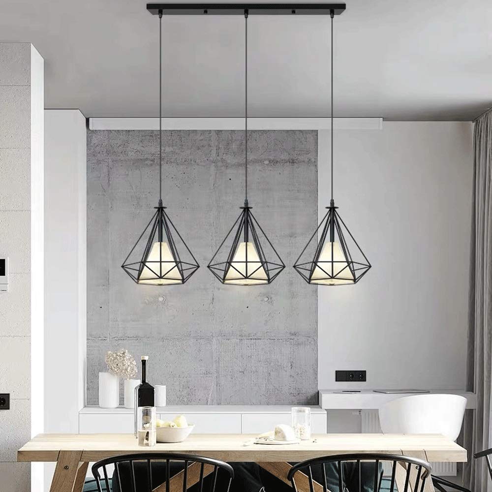 3-Light Wrought Iron Pendant Light Fixture with Wire Cage Lampshade - E27 Base Diamond Style Suspension Lamp - Nordic Minimalist Hanging Light for Dining Room, Kitchen Island, Balcony, Bar, Cafe & Bedroom (Black)