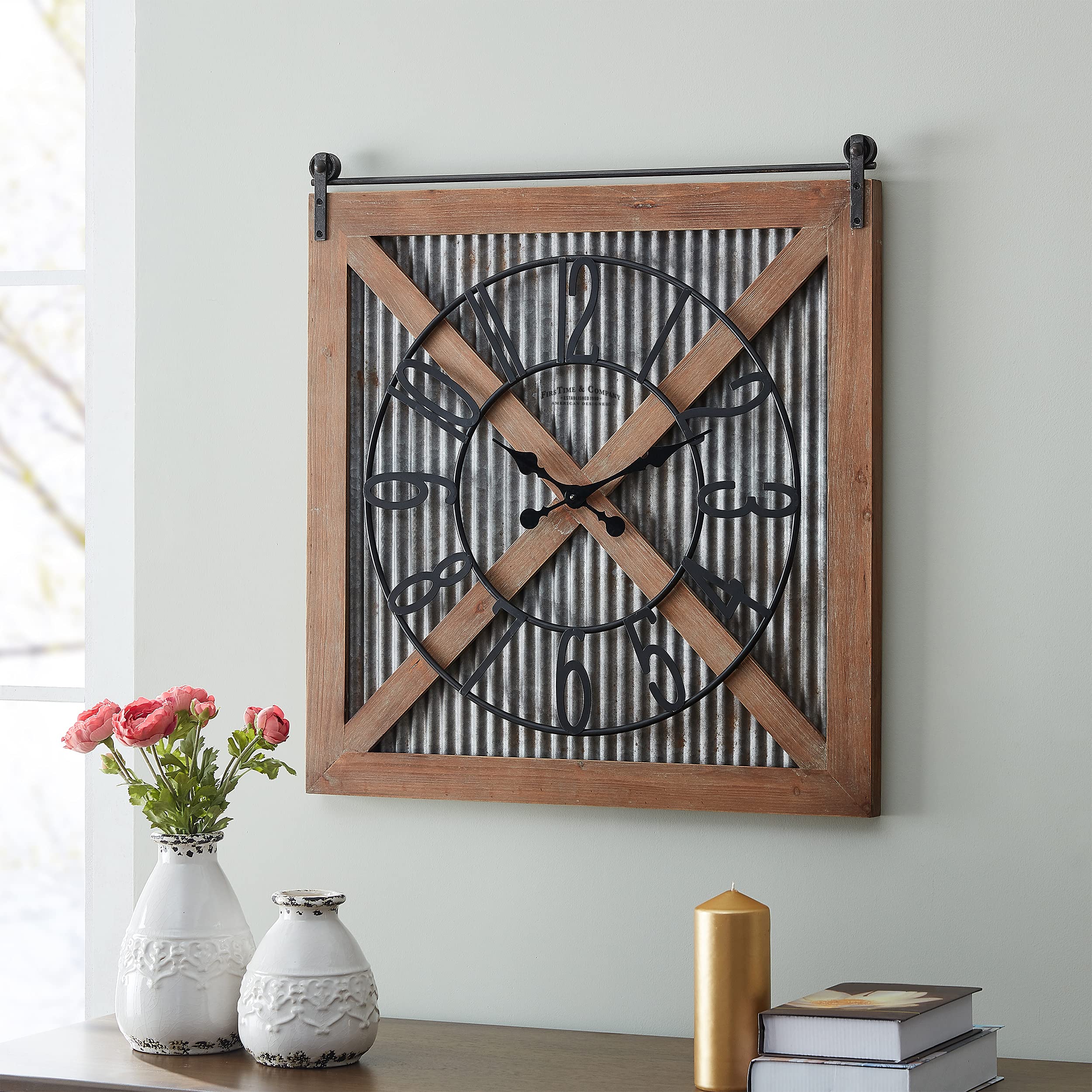 FirsTime & Co. Brown and Silver Fieldhaven Barn Door Wall Clock - 29 x 27 Inch Square Farmhouse Decor for Home Office, Kitchen, Living Room, Bedroom - Rustic Wood and Metal Wall Clock Perfect for Country Style Homes and Cozy Spaces