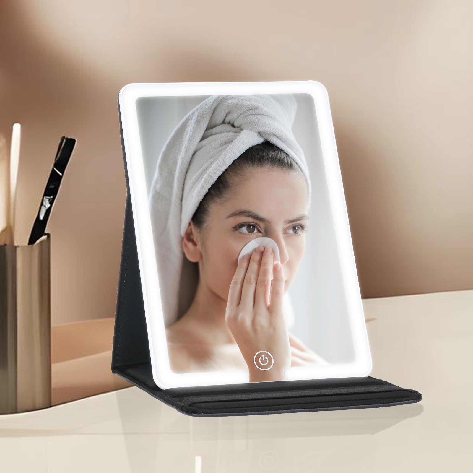 Rechargeable Travel Makeup Mirror with 3-Color LED Lights - 8x5.5 Inch Portable Vanity Mirror with PU Leather Case, 1500mAh Battery - Perfect for Home, Travel & Professional Makeup Application