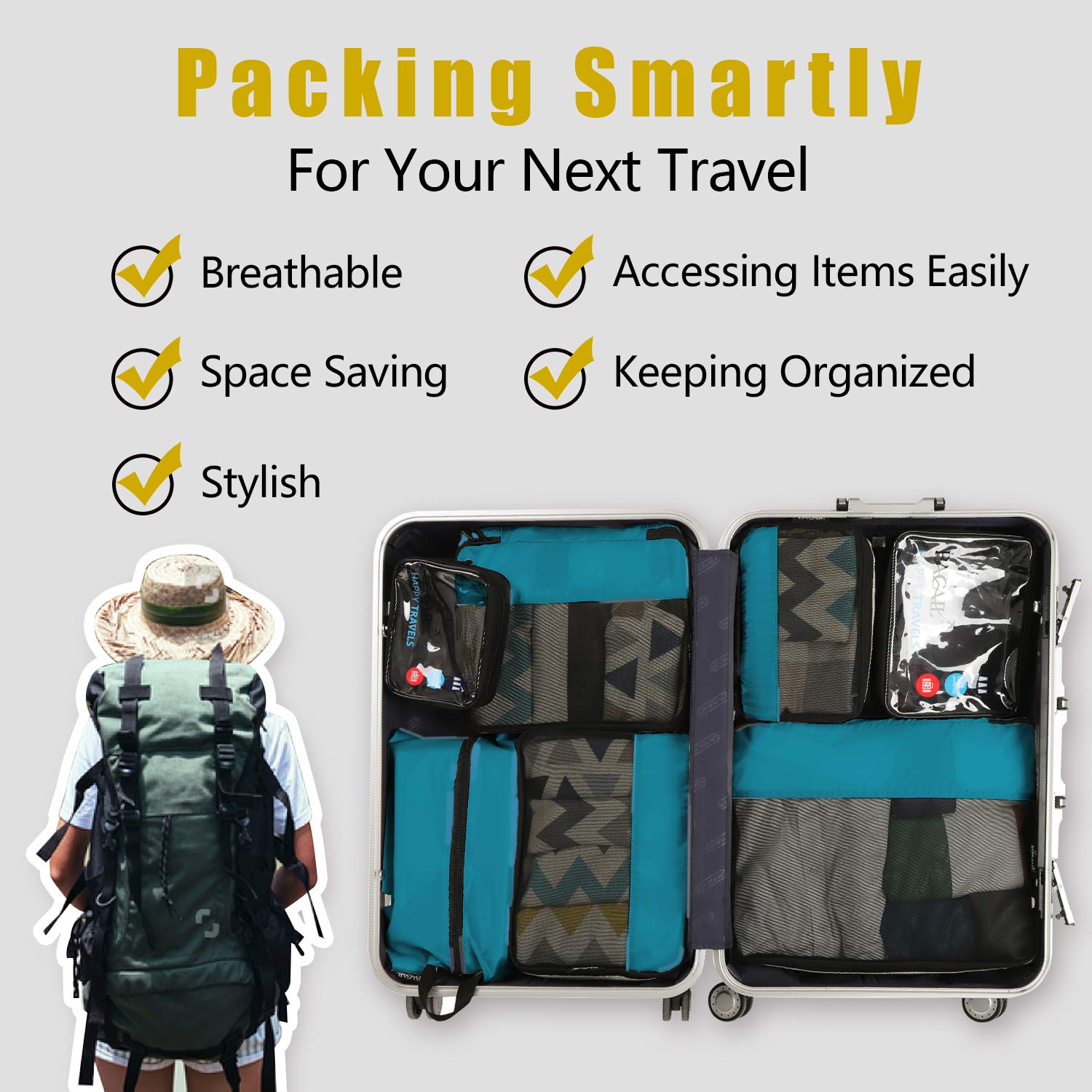 BAGAIL 8-Piece/9-Piece Packing Cubes Set - Lightweight Luggage Organizer for Travel, Suitcase Compression Bags - Perfect for Business Trips, Vacations & Weekend Getaways