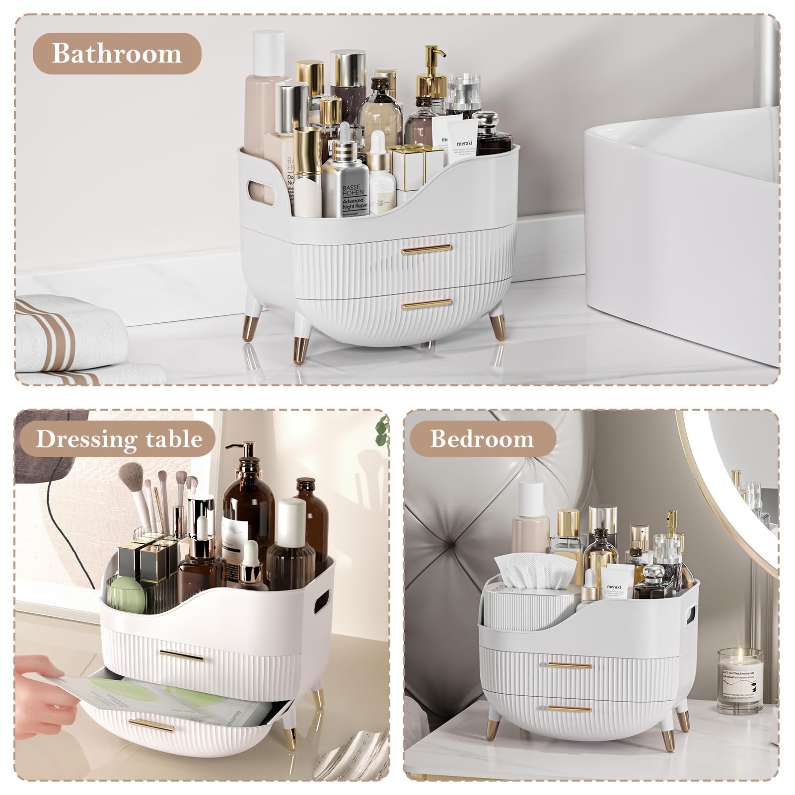 Large Capacity Makeup Organizer with 2 Drawers - Cosmetic Storage Box for Vanity, Bedroom & Bathroom | Skincare & Beauty Product Display Case | Perfect Gift for Women (White) - Ideal for Daily Beauty Routine and Travel Organization
