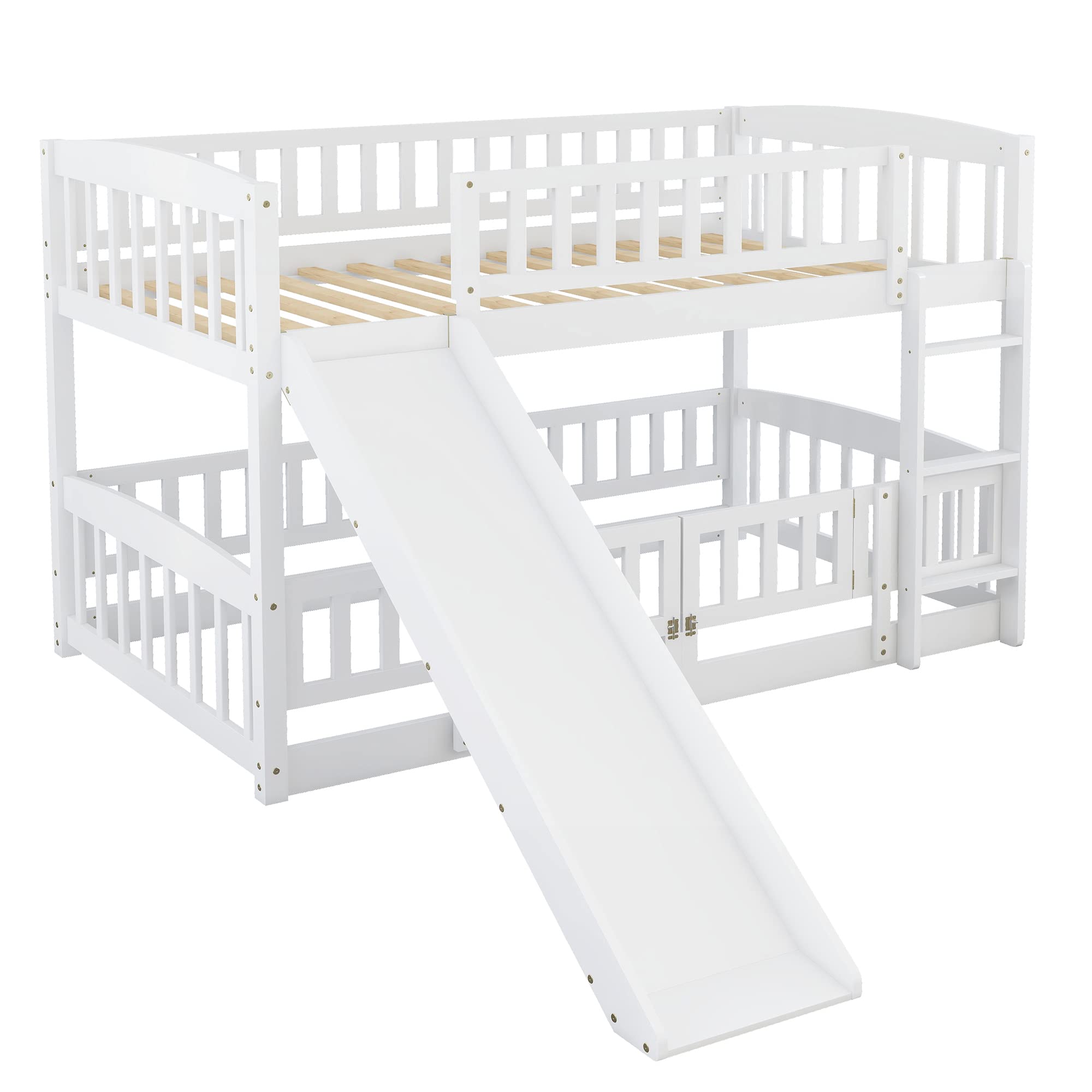 LZ LEISURE ZONE Twin Over Twin Bunk Bed with Slide - Wooden Low Bunk Bed Frame with Safety Fence & Ladder - Space-Saving Kids Bedroom Furniture (White) - Perfect for Small Rooms, Shared Kids' Bedrooms & Fun Play Areas